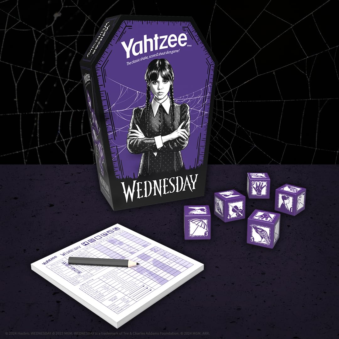 Yahtzee: Wednesday Dice Game, Collectible Flocked Interior Coffin Dice Cup, Classic Game Based on Addams Family Character Wednesday Addams, Officially