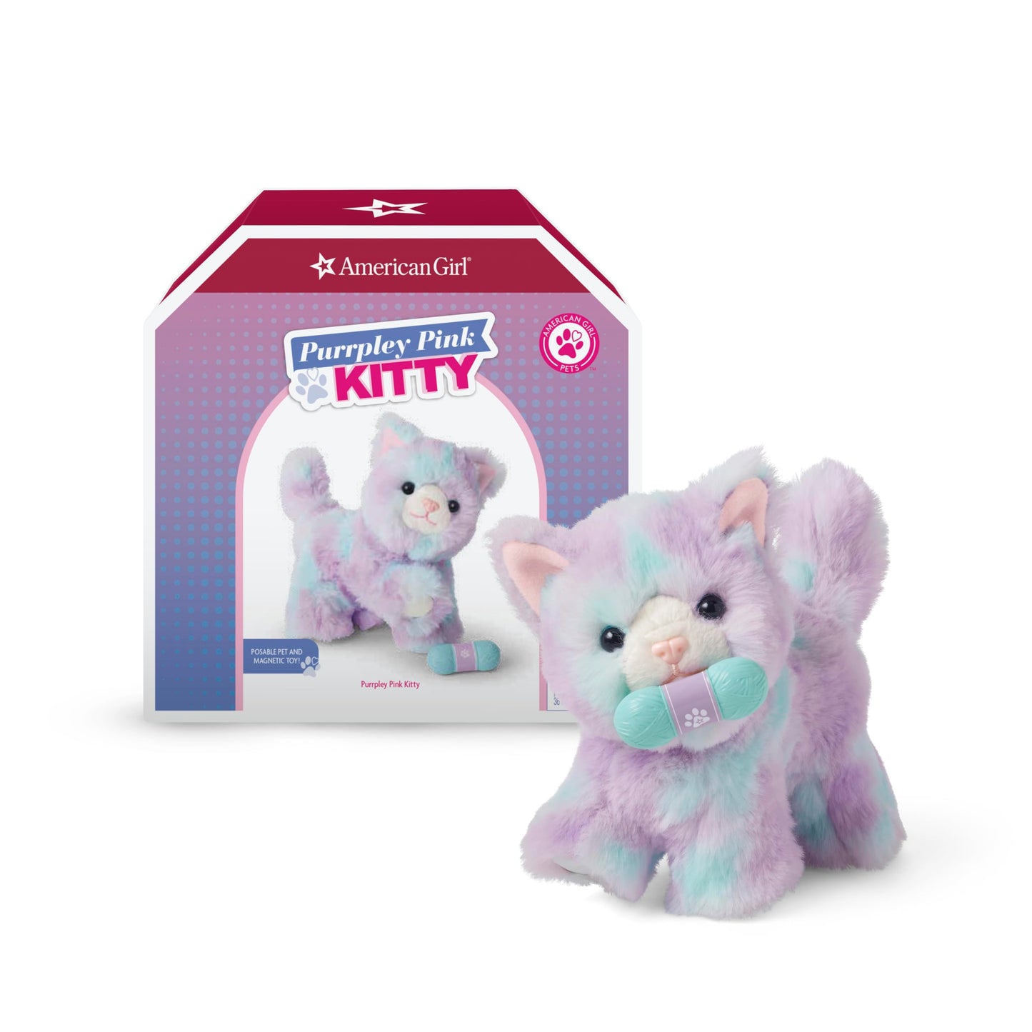 American Girl Truly Me 18-inch Doll Pet Purrpley Pink Kittycat with Magnetic Mouth to Hold Her Yarn Toy, For Ages 6+