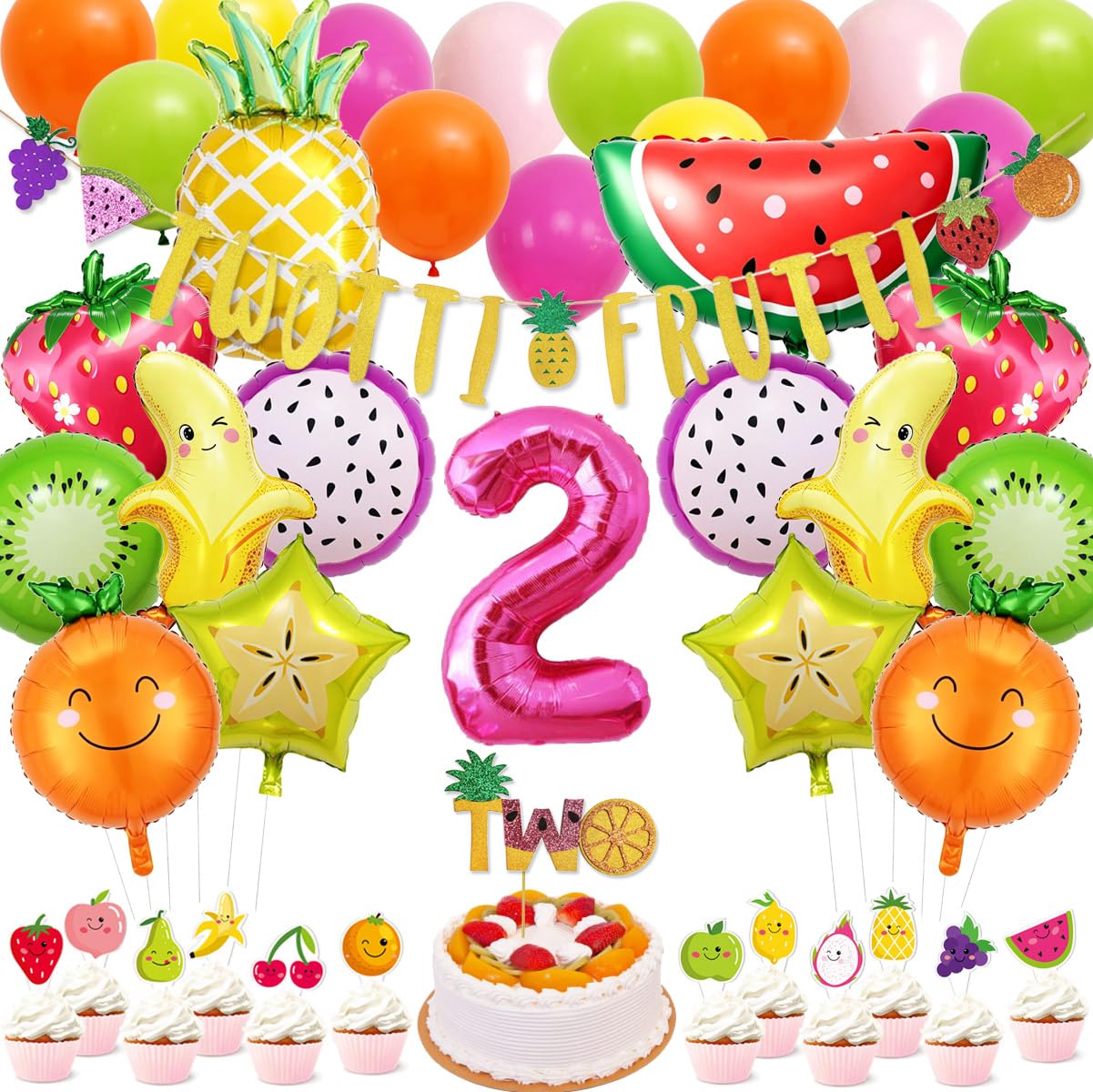 71 Packs Tutti Frutti Party Decorations Set Twotti Frutti Glitter Banner/Cake Topper Fruit Cupcake Toppers Mylar Balloons for Twotti Fruity Second