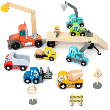 Wooden Construction Site Vehicles with Trailer 14 PCS Set, Vehicle Toys Cars for Toddlers and Kids Ages 3+ Gifts for Boys Girls, Compatible
