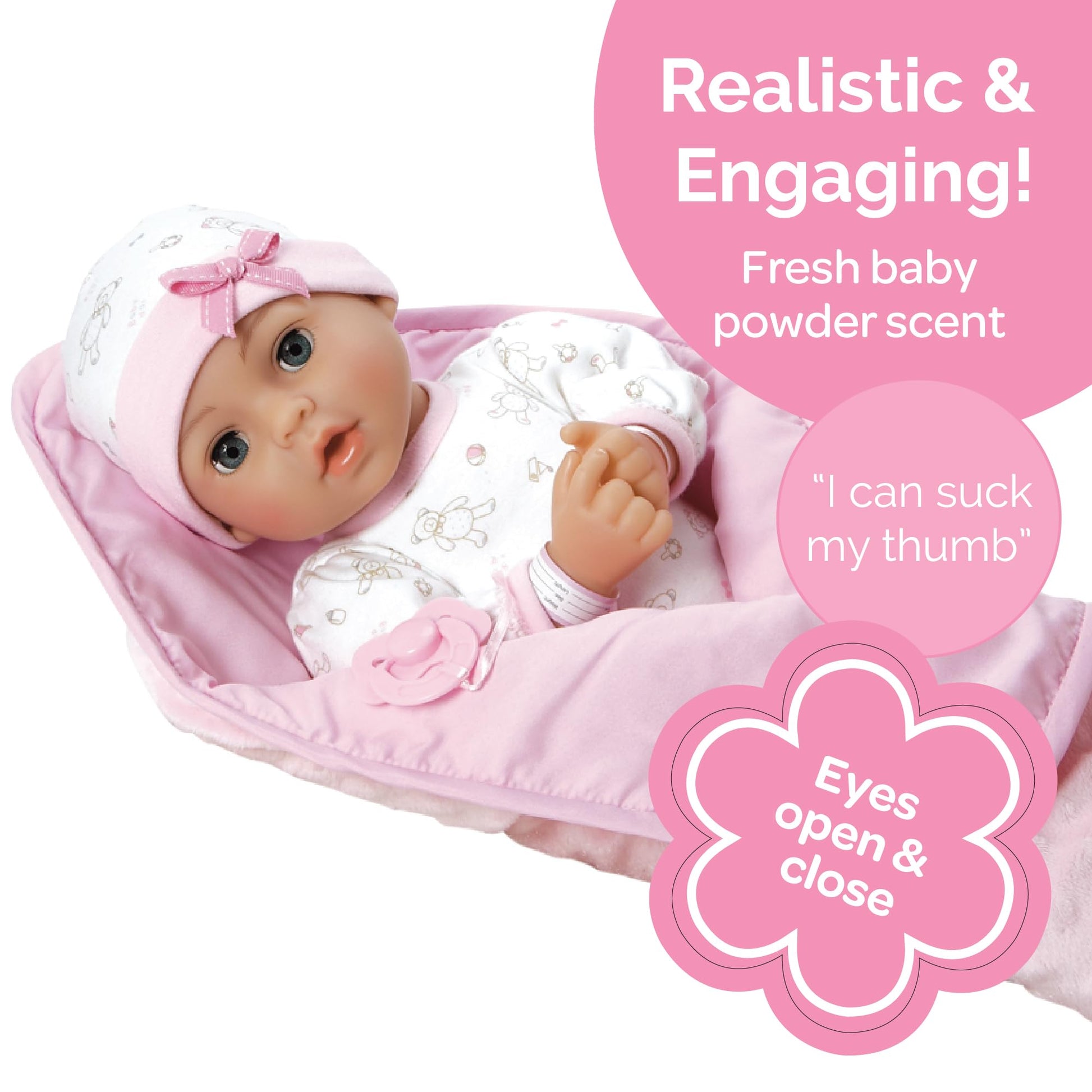 Adora 16 Inch Girl Baby Doll with Accessories Pink Matching 9-Piece Set Including a Pacifier, Hospital, Bracelet, Diaper, and More Gift for Toddlers