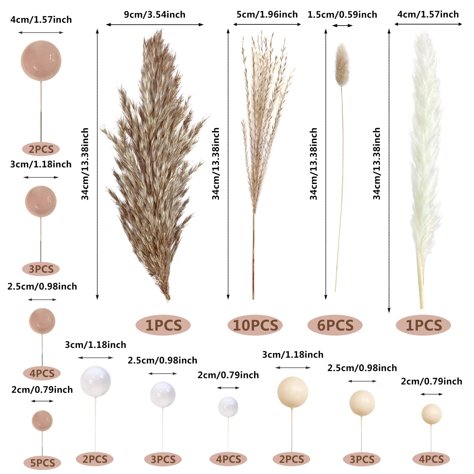 50 PCS Boho Cake Toppers Mini Balls Cake Topper Various Dried Pampas Grass Cake Decor for Boho Home Wedding Cake Decoration (White Apricot Light