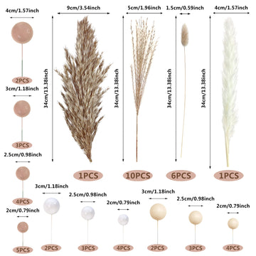 50 PCS Boho Cake Toppers Mini Balls Cake Topper Various Dried Pampas Grass Cake Decor for Boho Home Wedding Cake Decoration (White Apricot Light