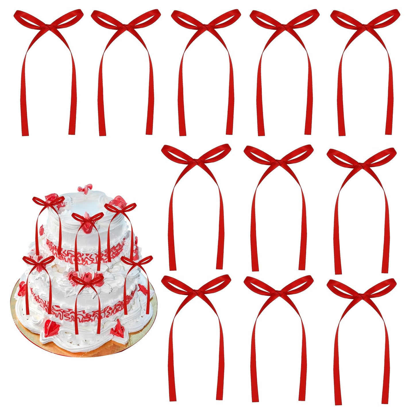 30Pcs Bow Cake Toppers Ribbon Bows for Cake Red Bow Ribbons for Coquette Themed Bow Decorations for Bachelorette Graduation Party,Cupcake Baby Shower