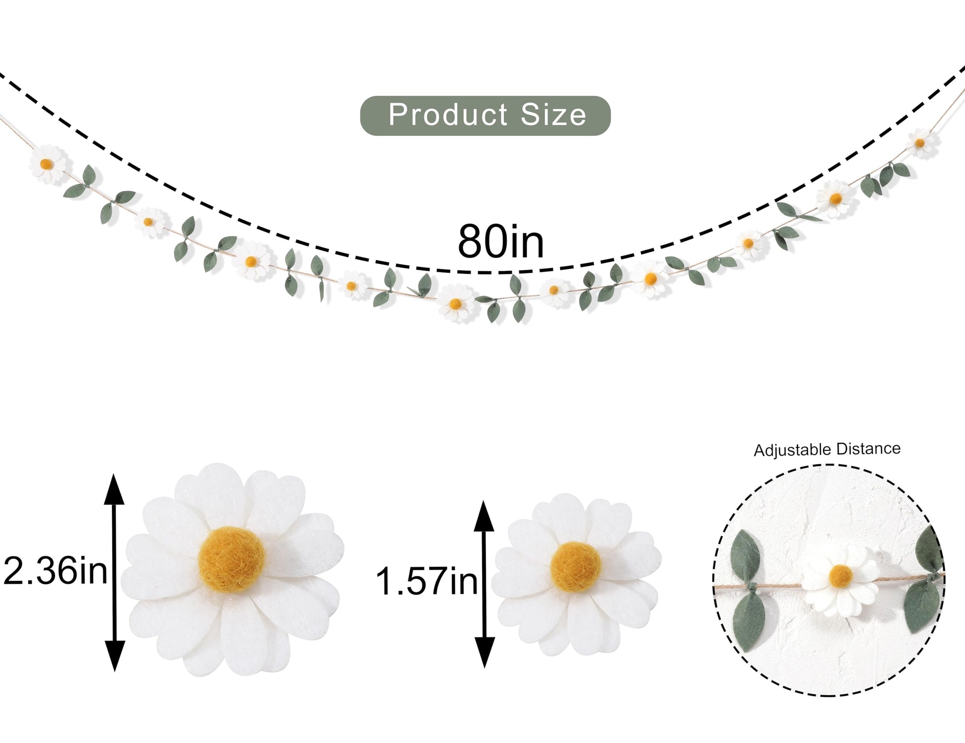 Wool Felt Daisy Chain Banner Garland - Daisy 1st Birthday Decorations,Daisy Themed Party Decorations,Nursery Wedding Decoration,White Wool Felt Daisy