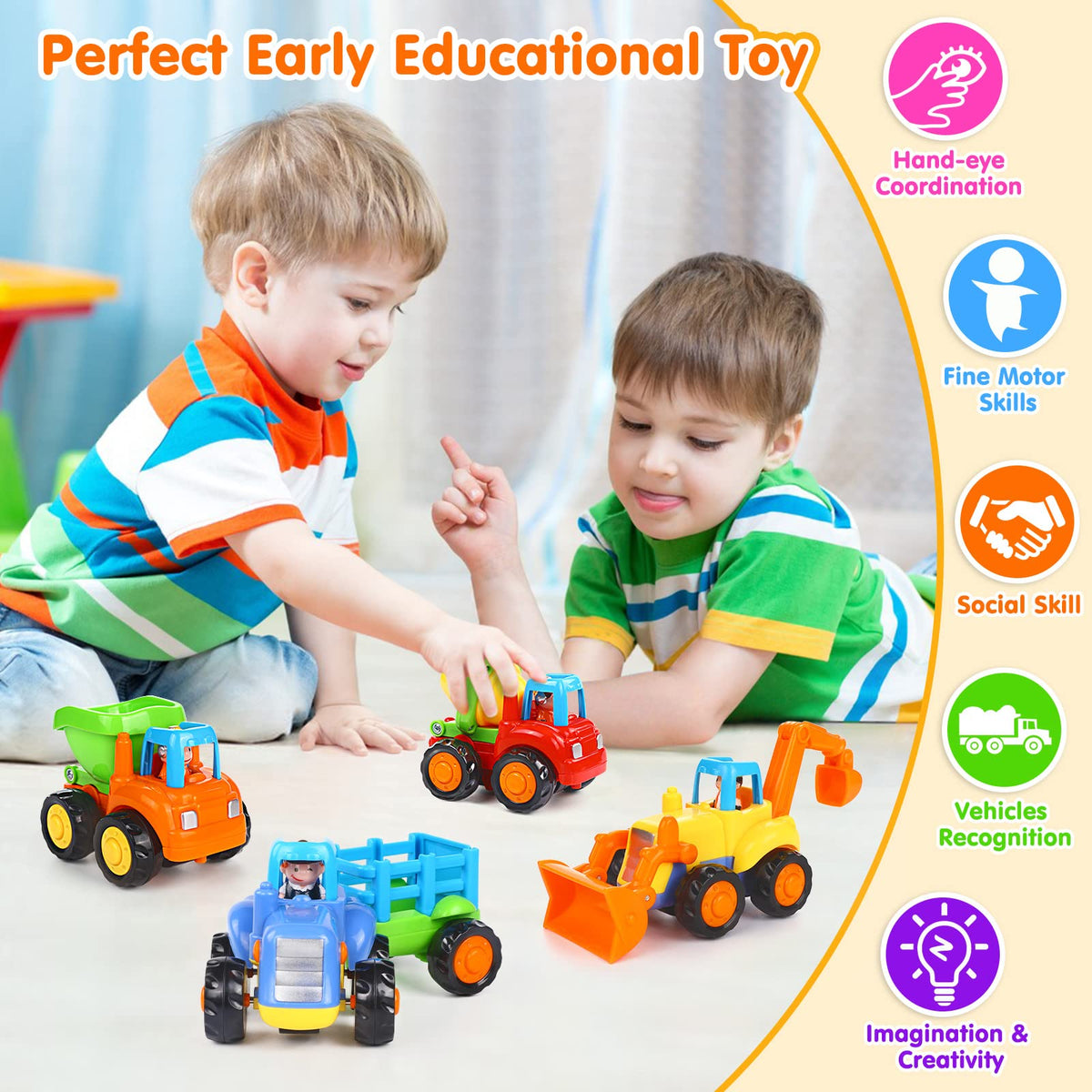 ORWINE Inertia Toy Early Educational Toddler Baby Toy Friction Powered Cars Push and Go Cars Tractor Bulldozer Dumper Cement Mixer Engineering
