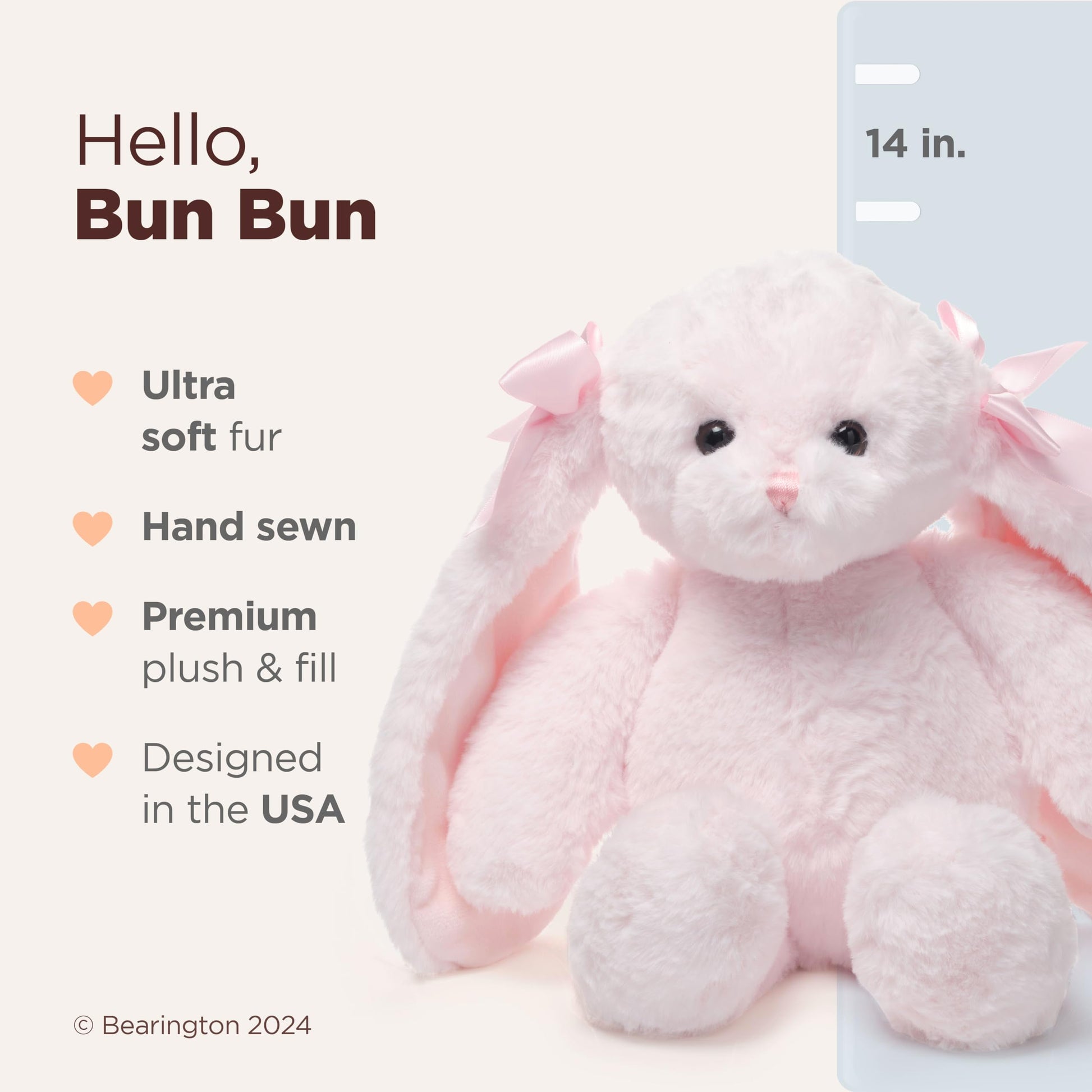Bearington Light Pink Plush Easter Bunny Stuffed Animal - 14" Soft Cuddly Easter Rabbits with Fluffy Fur and Long Ears - Adorable Stuffed Bunnies Toy
