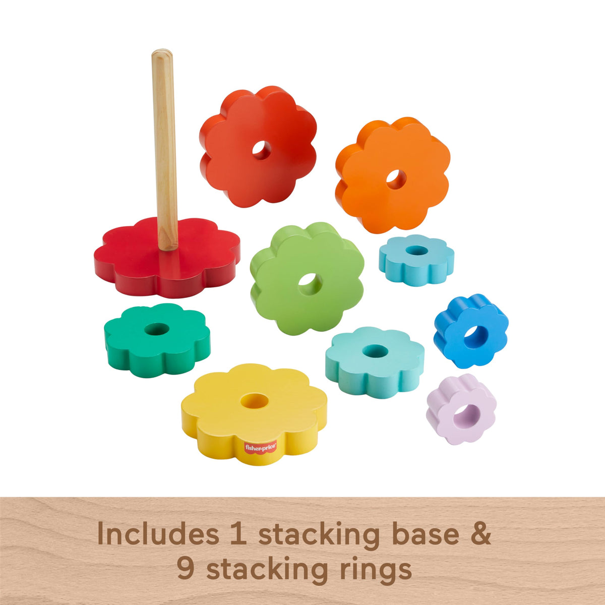 Fisher-Price Wood Toddler Toy Ring Stacker, 10-Piece Wooden Stacking Activity for Fine Motor Skills Play Kids Ages 18+ Months