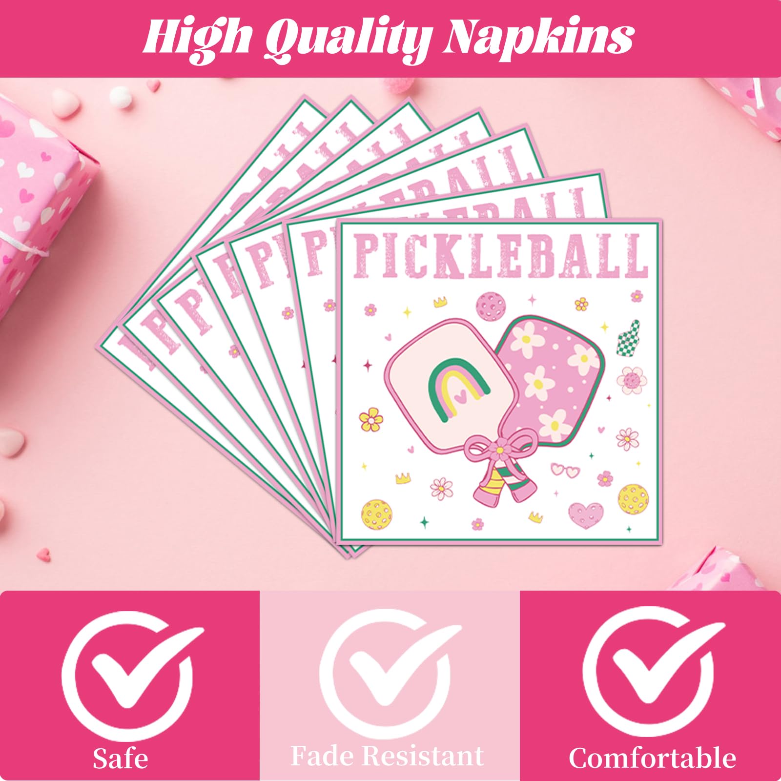 musaeva Pickleball Birthday Party Decorations Tableware, 96PCS Pickle Ball Disposable Pink Paper Plates and Napkins Decoration, Ball Theme Forks Decor