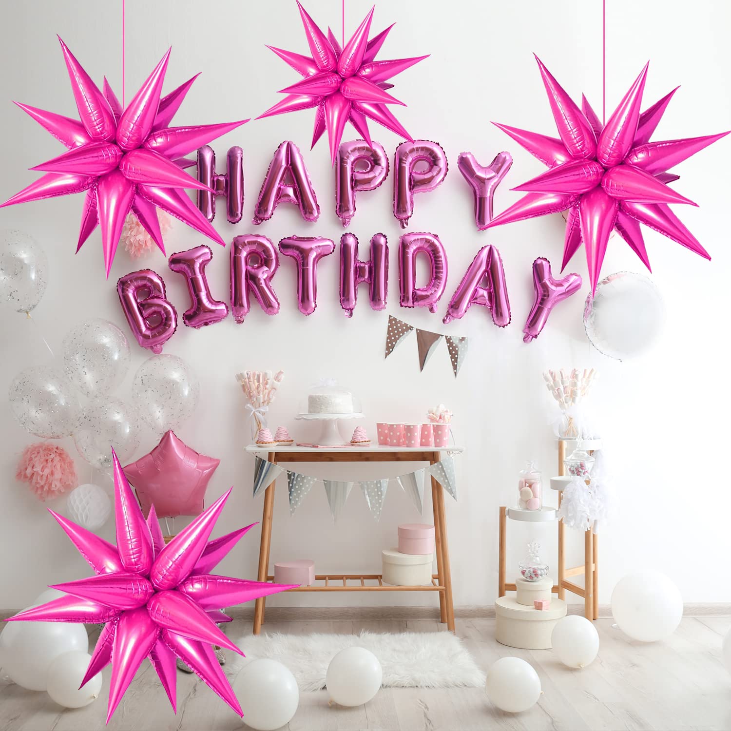 FUNTOOB Hot Pink Balloons Star Balloons Metallic Star Foil Balloons Hot Pink Star Cone Balloons Starburst Balloon Spike Balloons for Birthday