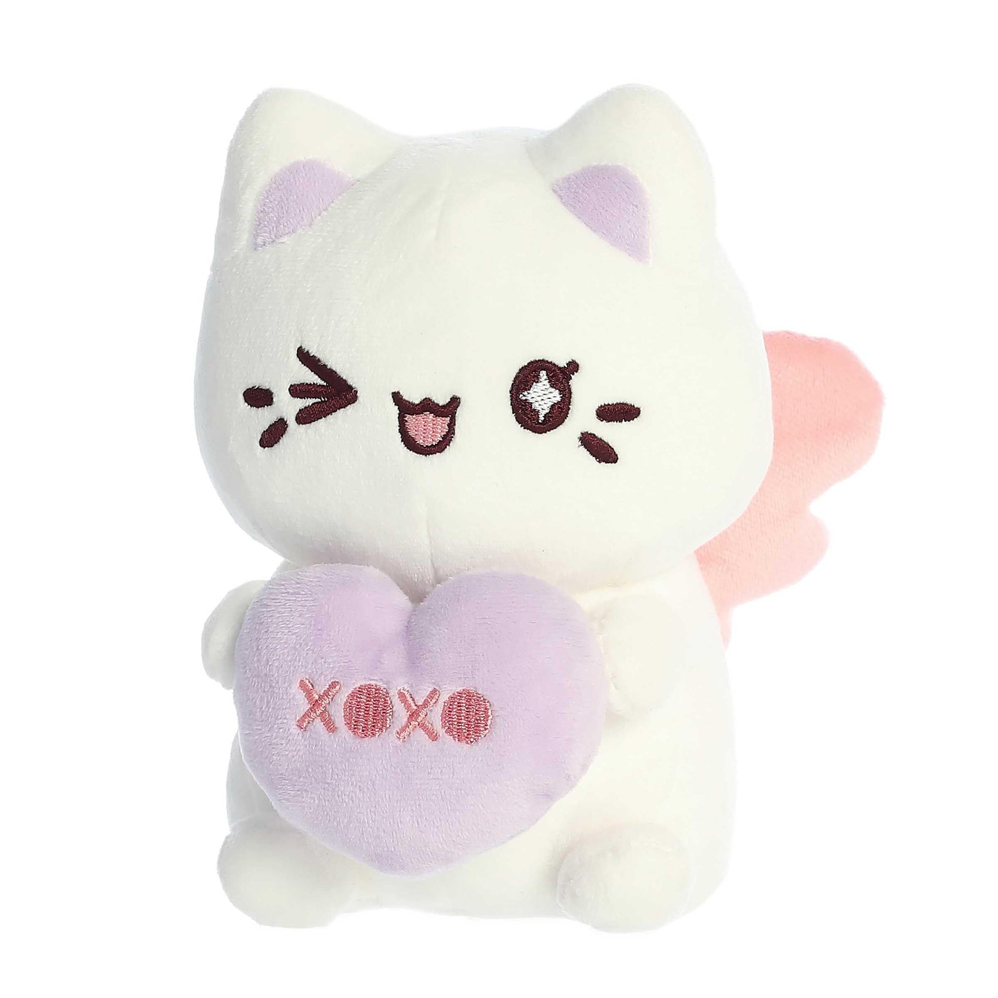 Aurora Enchanting Tasty Peach Candy Heart Sitting Meowchi Stuffed Animal - Bright & Colorful Design - Showpiece Plush - White 7 Inches
