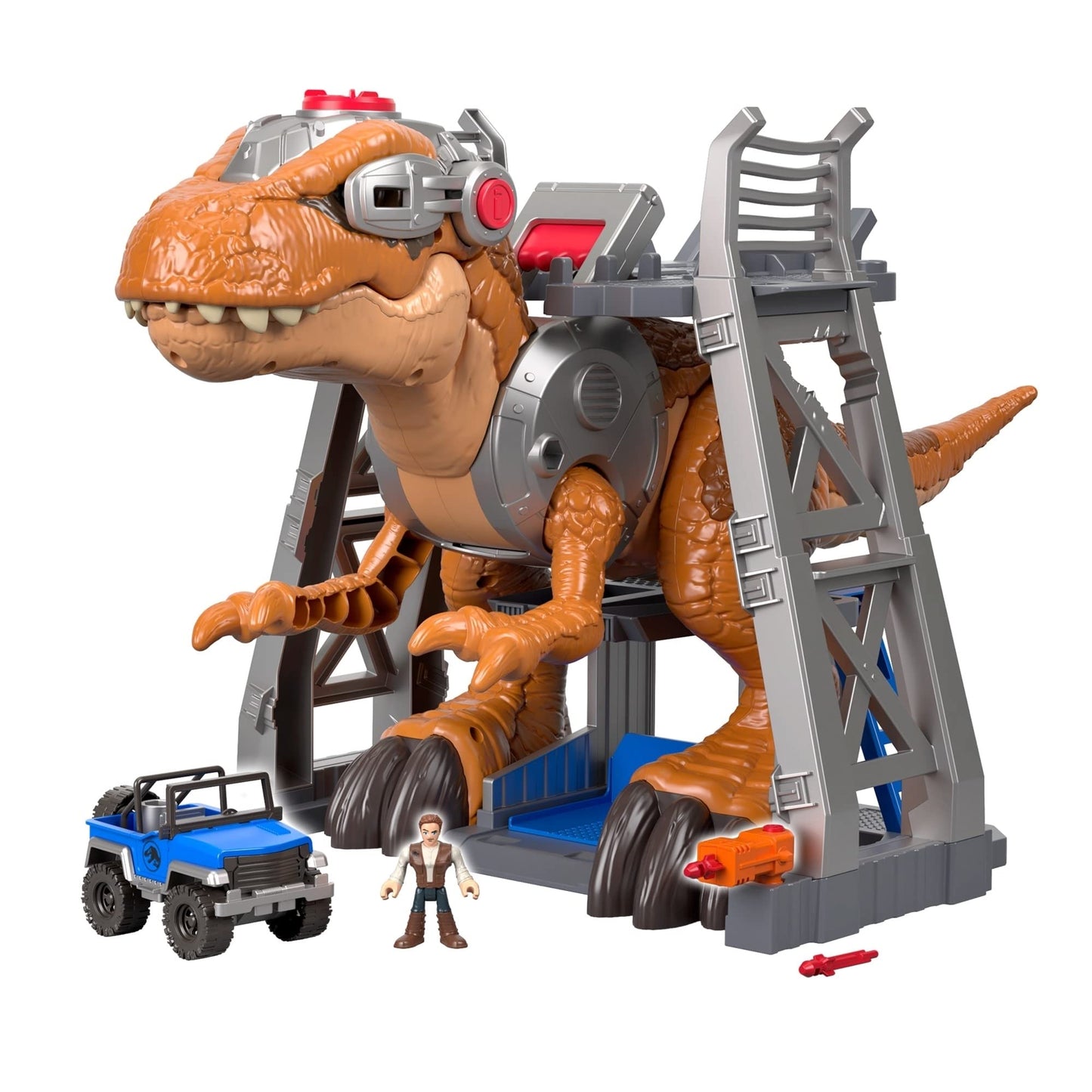Fisher-Price Imaginext Jurassic World T. rex Dinosaur Toy with Owen Grady Figure, Light-Up Eyes & Chomping Action for Ages 3+ Years, 7-Piece Set