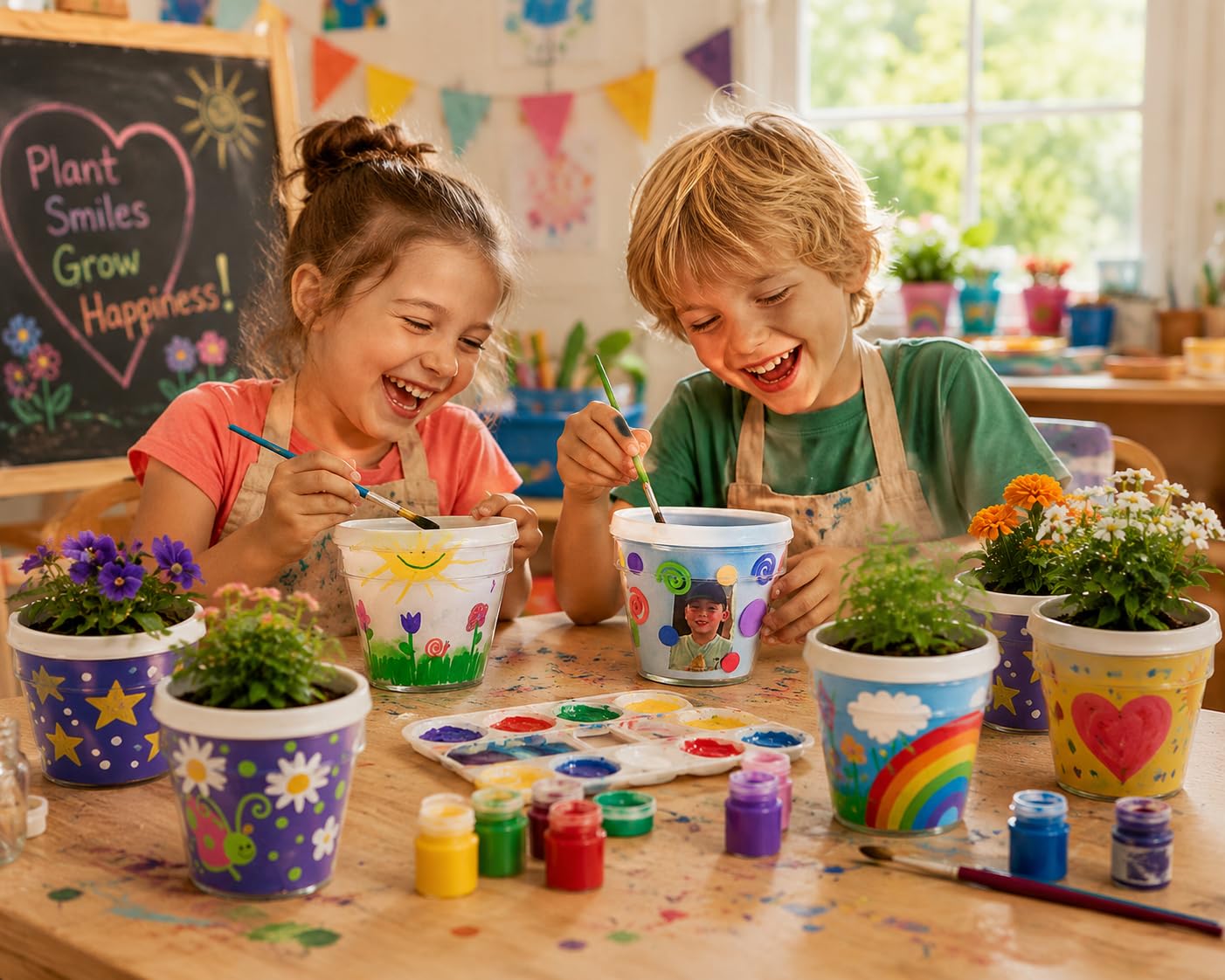 Fun Express DIY Flower Pots Bulk Craft Kit for Kids - 12 White Plastic Paint Plant Pots with Paper Inserts | Educational Toys for Painting Activities