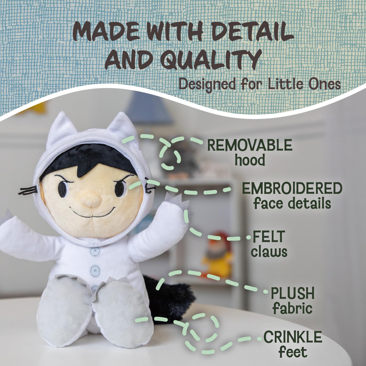 Kids Preferred Where The Wild Things are Plush 14 Inch Max Stuffed Animal with Crinkle Feet, Bean Filled Bottom, and Removable Hood