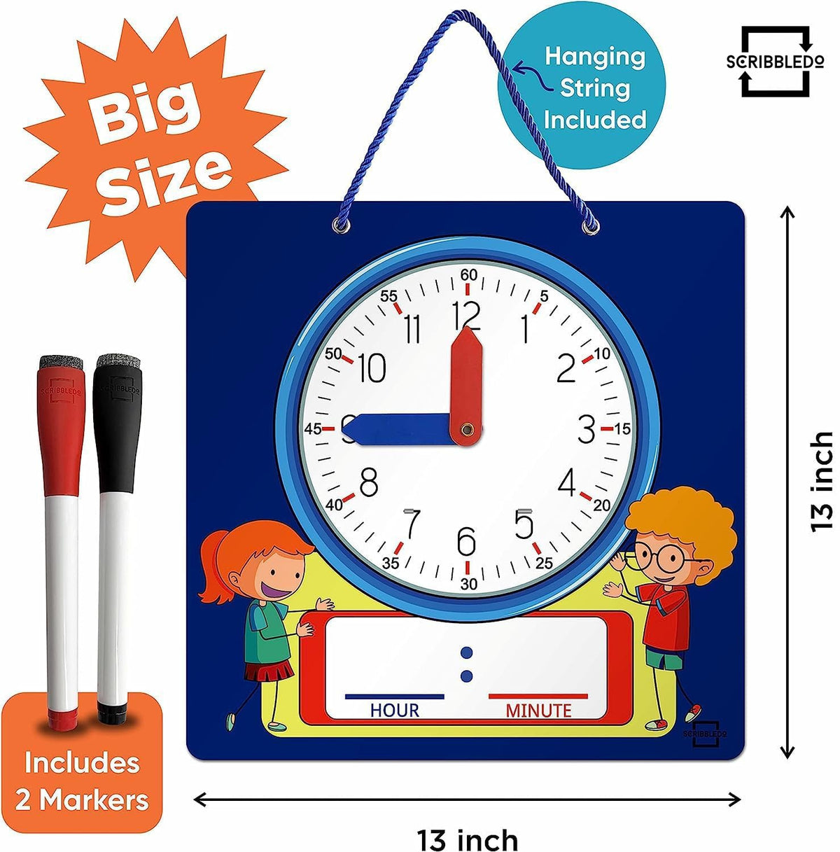Scribbledo Writable Dry Erase Learning Clock for Kids Write & Wipe Demonstration Clock for Kids Learning to Tell Time Classrooms and Homeschool