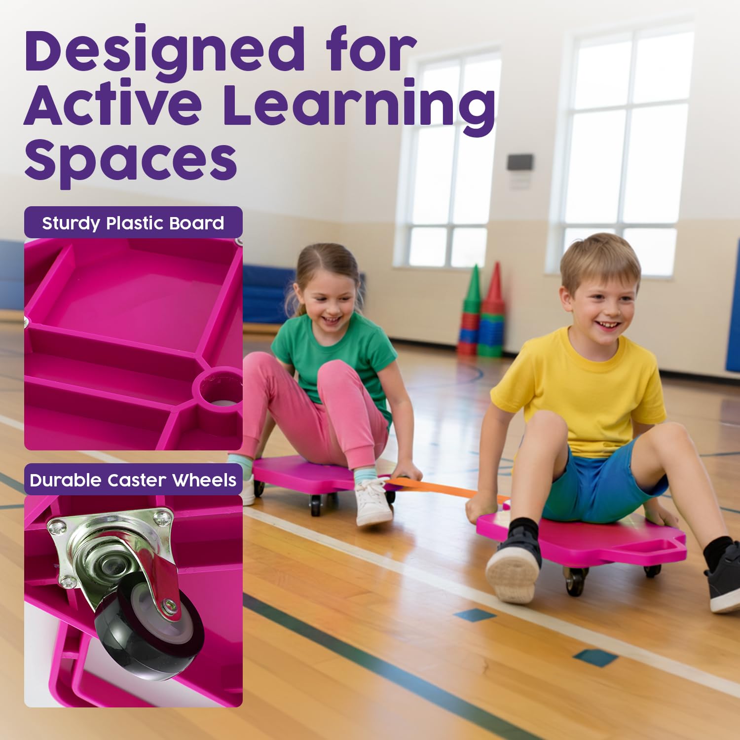 Hurtle Scooter Board for Kids with Safety Handles - Heavy Duty Gym Floor Scooter with 360° Wheels for PE, Indoor Active & Sensory Play - Supports 200
