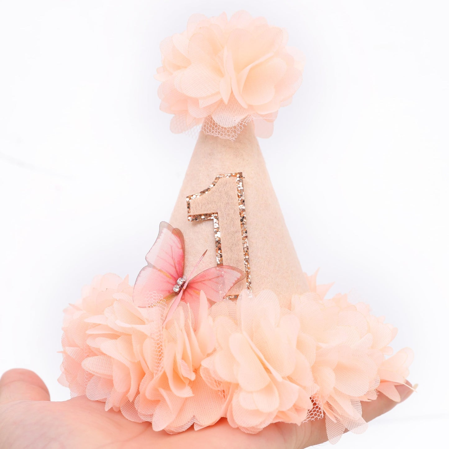 MADENG Rose First Birthday Hat - 1st Birthday Party Decoration, Pink Butterfly 1st Birthday Hat, Flowers 1st Birthday Crown, Cake Crush Champagne Gold