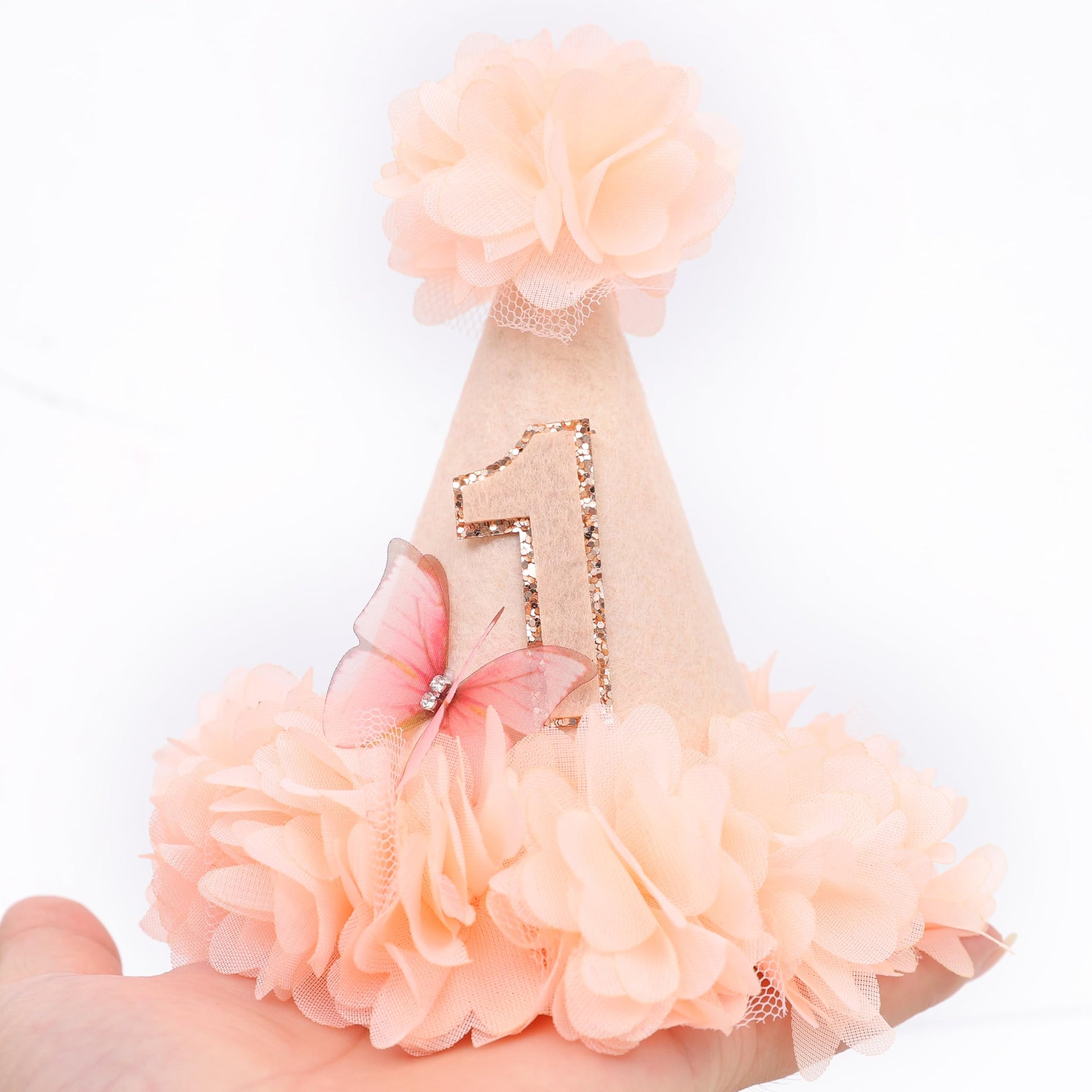MADENG Rose First Birthday Hat - 1st Birthday Party Decoration, Pink Butterfly 1st Birthday Hat, Flowers 1st Birthday Crown, Cake Crush Champagne Gold