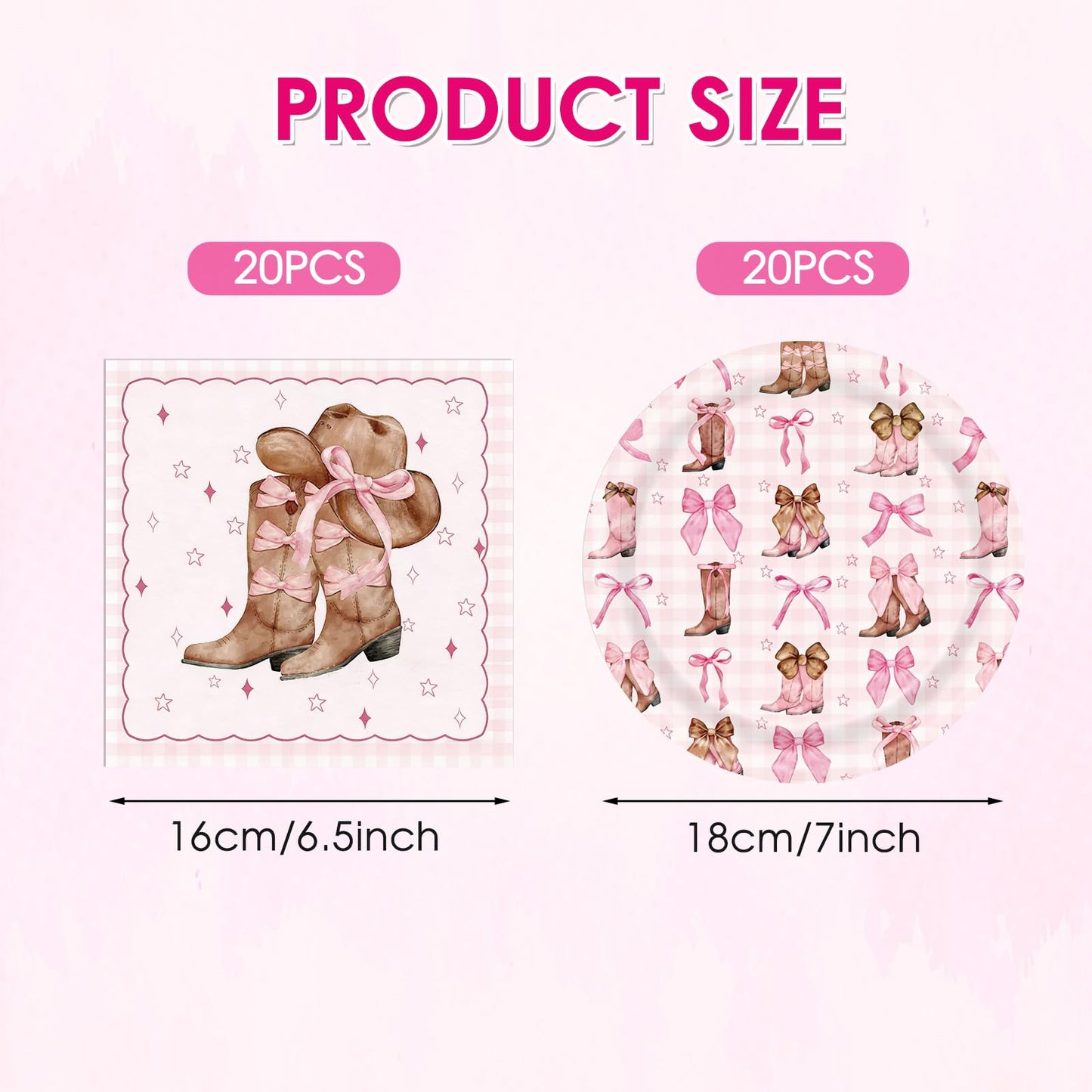 Coquette Bow Cowgirl Paper Plates Tableware Set 40PCS Western Cowgirl Birthday Party Supplies Pink Bowknot Boots Rodeo Bachelorette Party Plates