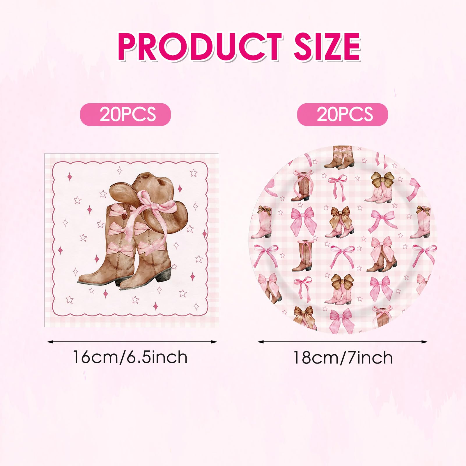 Coquette Bow Cowgirl Paper Plates Tableware Set 40PCS Western Cowgirl Birthday Party Supplies Pink Bowknot Boots Rodeo Bachelorette Party Plates