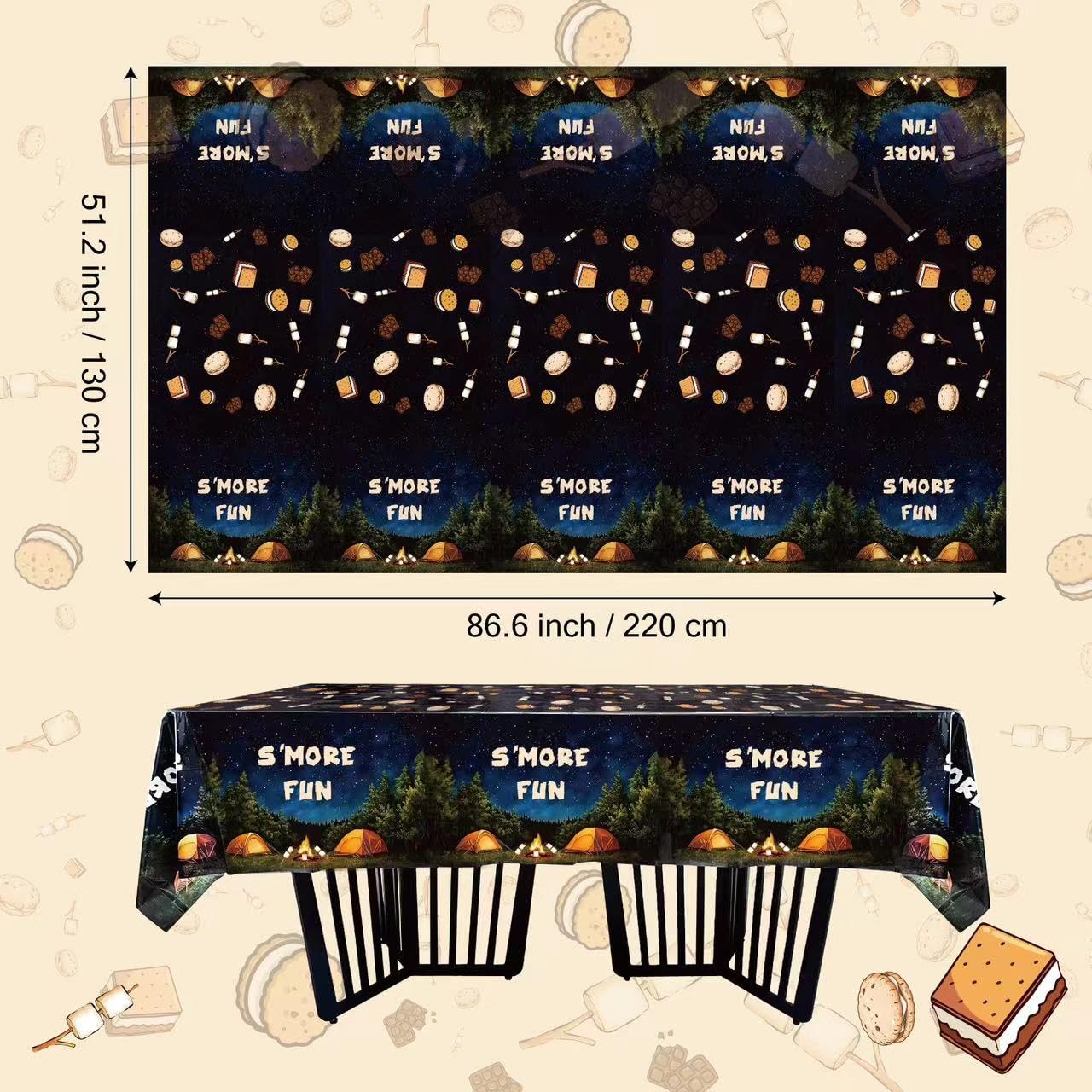 3Pcs Plastic Waterproof Rectangular Disposable Campfire Camping Tablecloths 87x52 inch,Hosting Party Essentials for Birthday Baby Shower,S’Mores