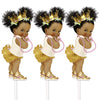 ArtPaperWonders Gold Princess Centerpieces 3 Piece Set - 10 Inch Double-Sided on Sticks - African American Royal Baby Shower Birthday Table