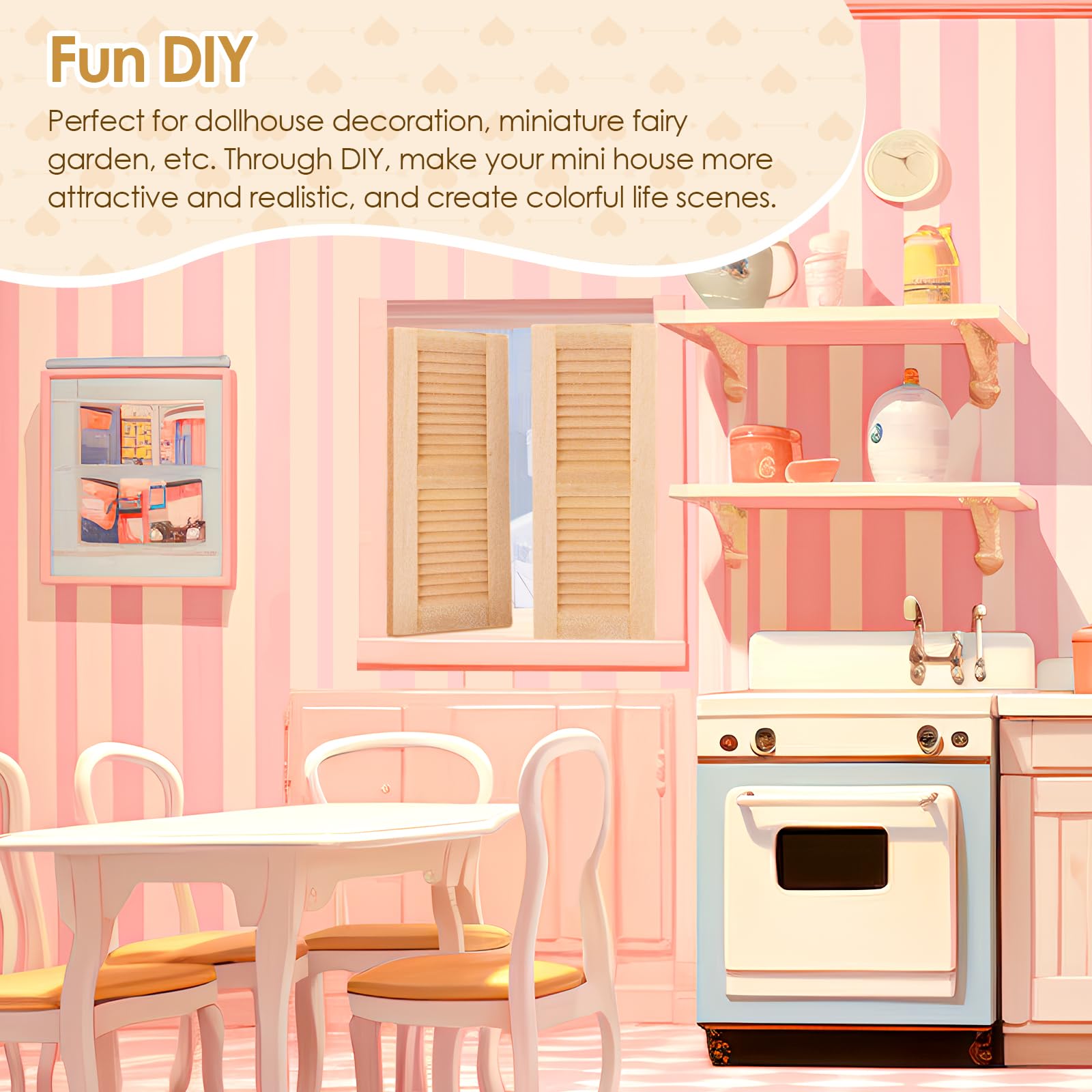 DYNWAVE Handmade 1/12 Dollhouse Furniture Wood Shutters Window, Pack of 4 Pairs, Miniatures Accessories Hands