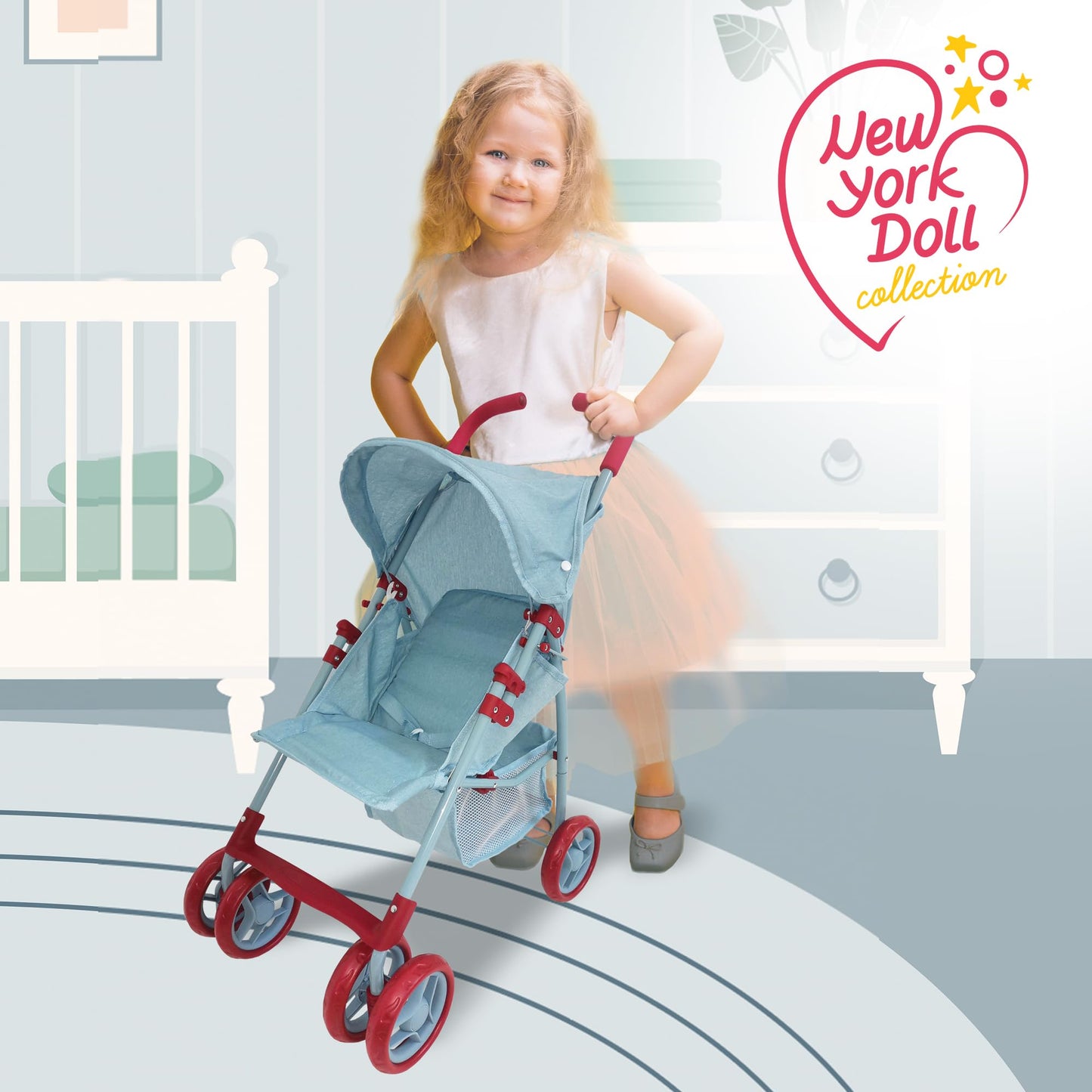 Baby Doll Stroller for Toddler Girls & Big Kids 6-8 Years Old | 28” Baby Stroller for Dolls, Toy Baby Stroller with Cute Ligh Denim Fabric, Mesh