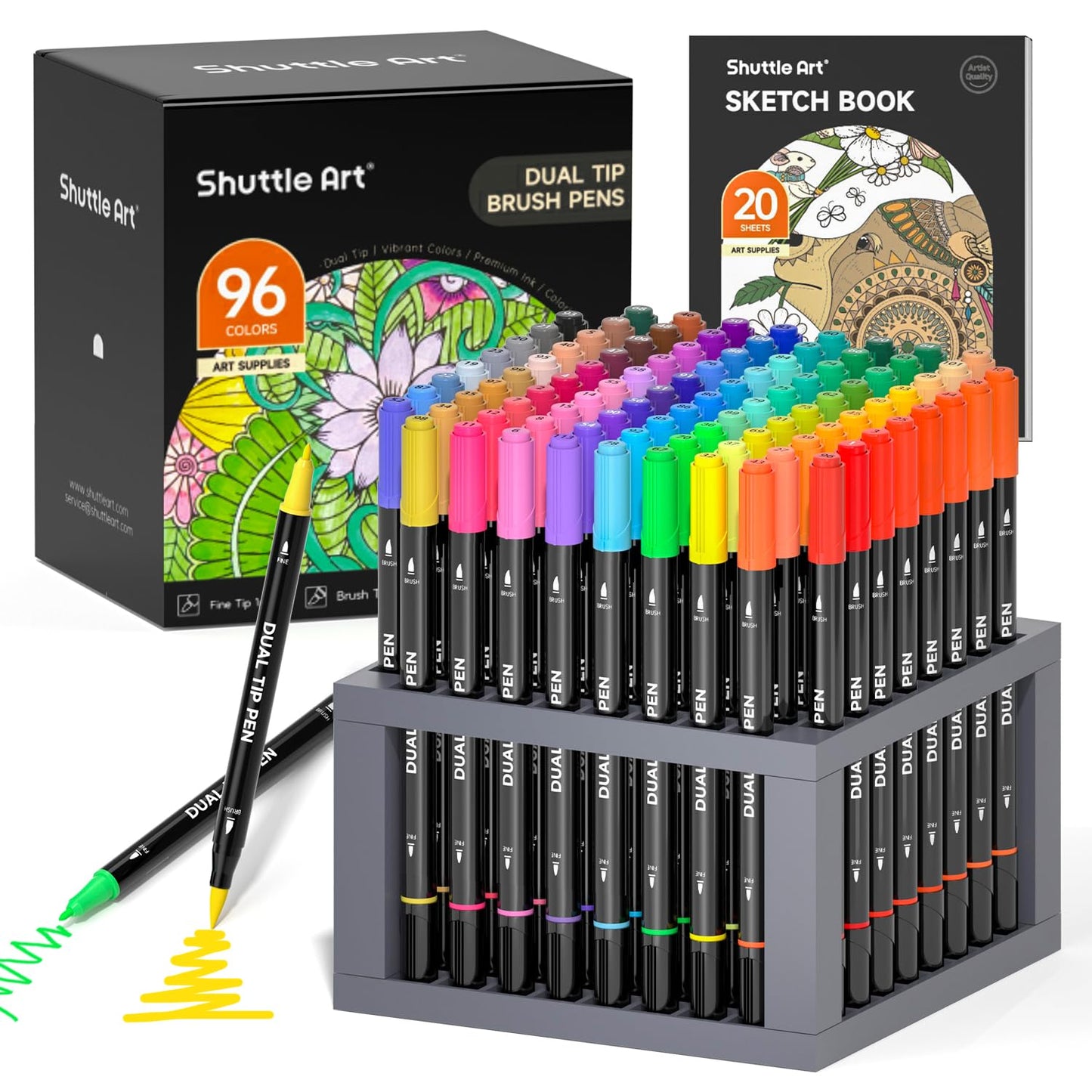 Shuttle Art Dual Tip Brush Pens, 96 Colours Fine and Brush Tip Markers Set with Pen Holder & 1 Colouring Book, Felt Tip Colouring Pens for Adults