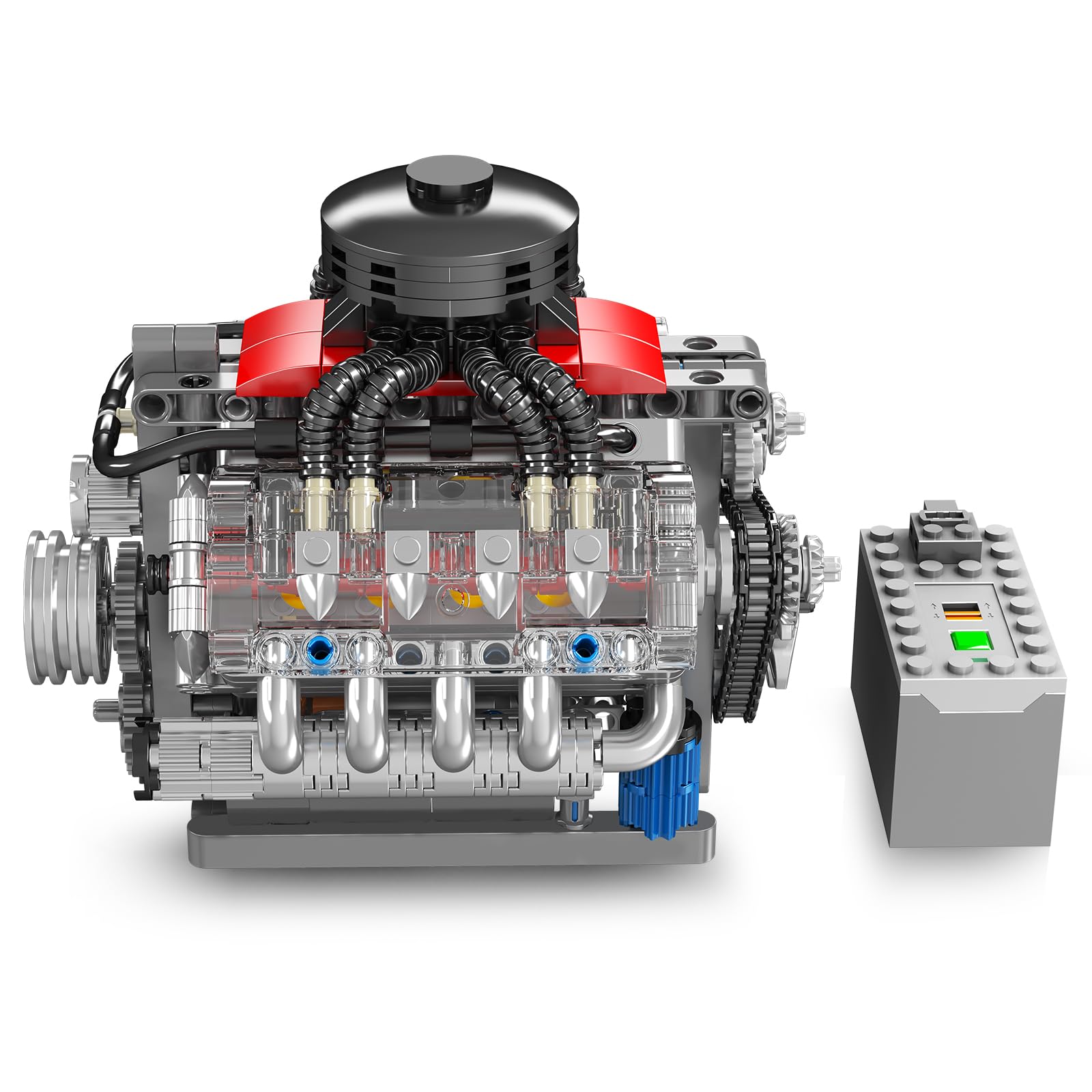 Mould King 10171 MOC Technology V8 Eight Cylinder Engine Series Gasoline Engine Block Kit Technology Clamp Blocks Kit Contains Engine and Battery Box
