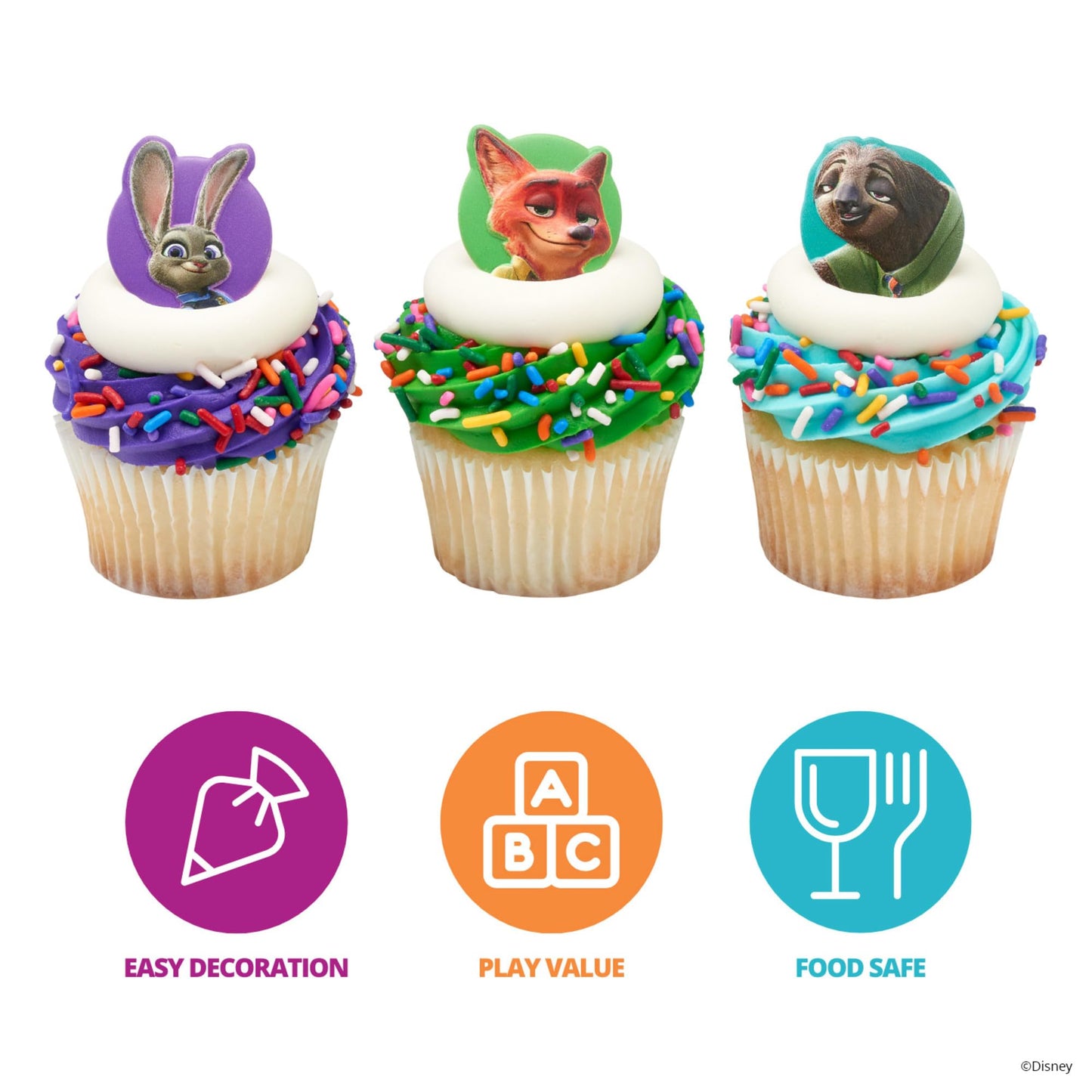 Disney's Zootopia Rings, Cupcake Decorations Featuring Judy Hopps, Nick Wilde & Flash Slothmore - 24 Pack