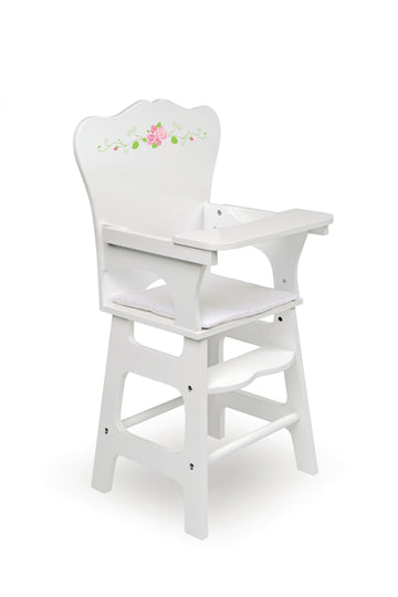 Badger Basket Doll High Chair - White and Rose Wood Design with Padded Seat and Lifting Tray - Fits 14 to 18 Inch Dolls for Pretend Mealtime Play