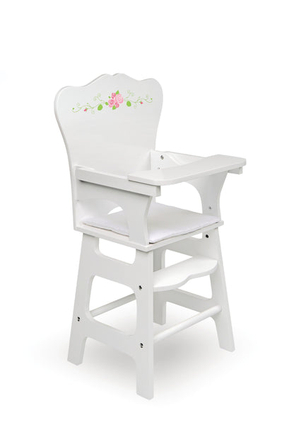 Badger Basket Doll High Chair - White and Rose Wood Design with Padded Seat and Lifting Tray - Fits 14 to 18 Inch Dolls for Pretend Mealtime Play