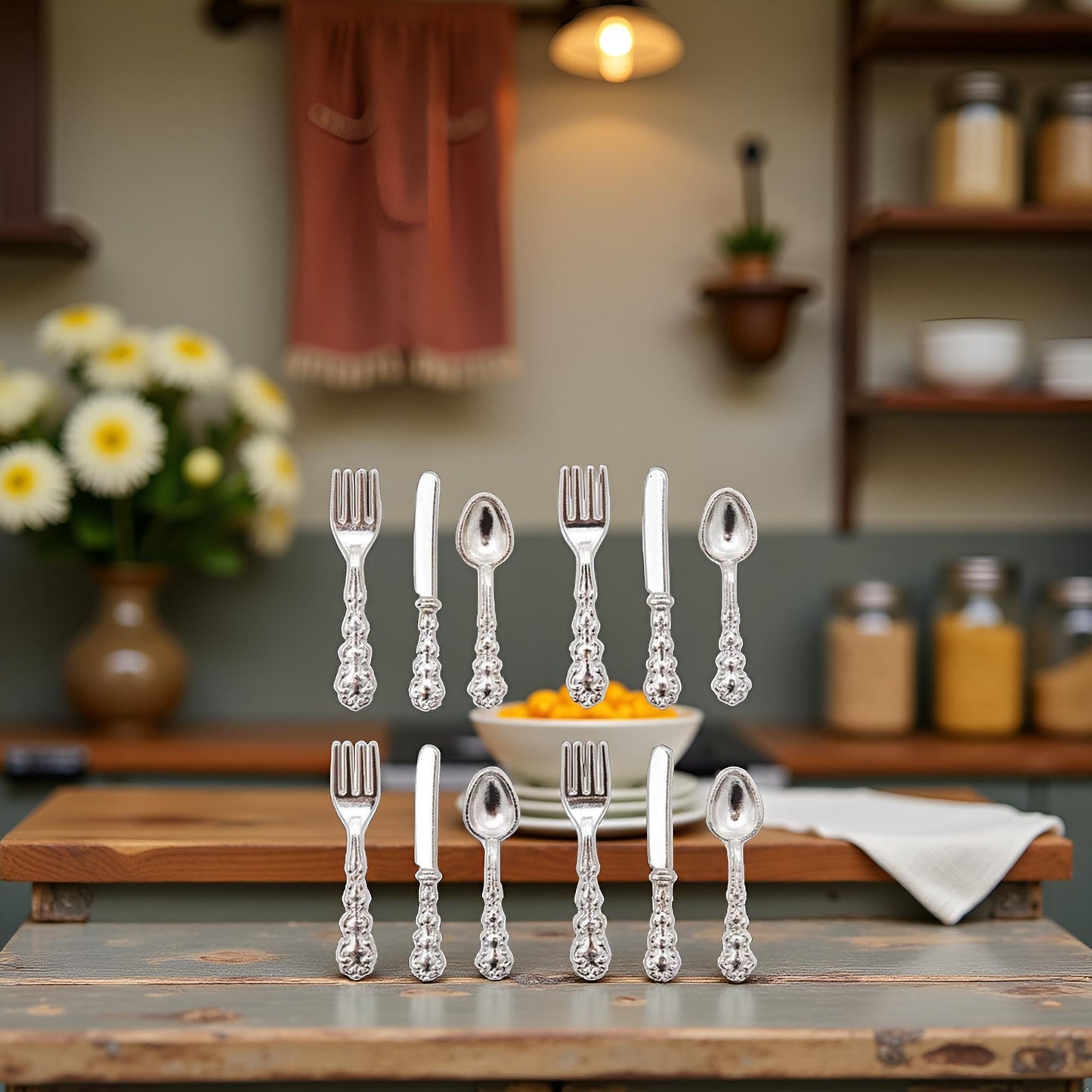 1Set Silver 1/12 Miniature Silverware Knife Fork Spoon Dollhouse Decoration Accessories, Accessories Décor,Dollhouse Kitchen Accessories
