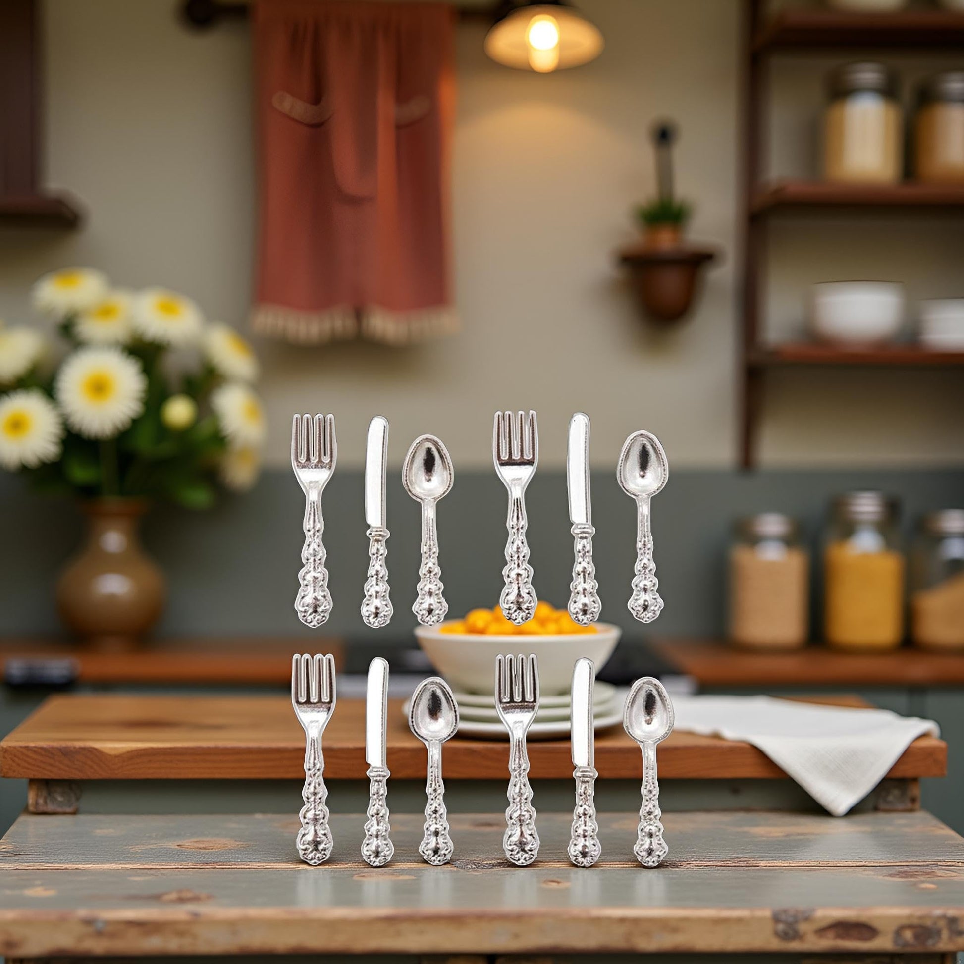 1Set Silver 1/12 Miniature Silverware Knife Fork Spoon Dollhouse Decoration Accessories, Accessories Décor,Dollhouse Kitchen Accessories
