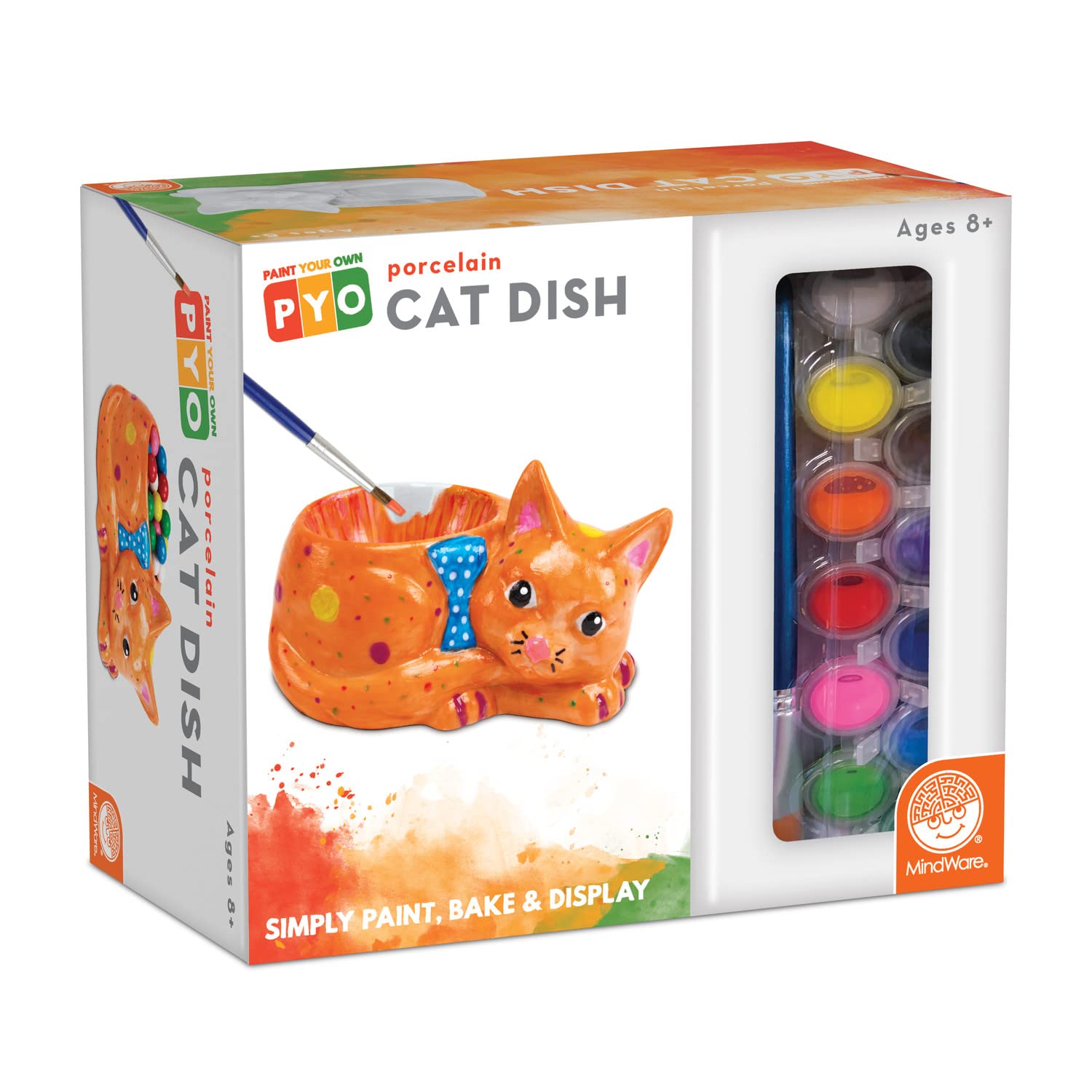 MindWare Paint Your Own Cat Dish - Porcelain Painting Figures for Kids, Teens & Adults Ages 8 & Up - Includes 12 Paints and 2 Brushes