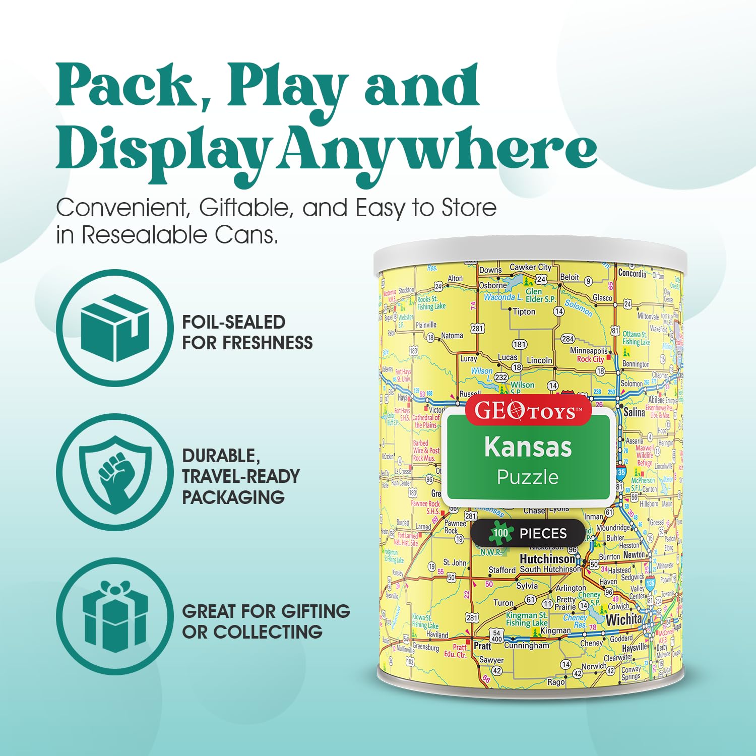 Geotoys Kansas Mini State Puzzle - 100 Piece Puzzles for Kids and Adults in Portable Can, 13" x 10" Educational Travel Puzzle for Ages 7 and Up - Mini