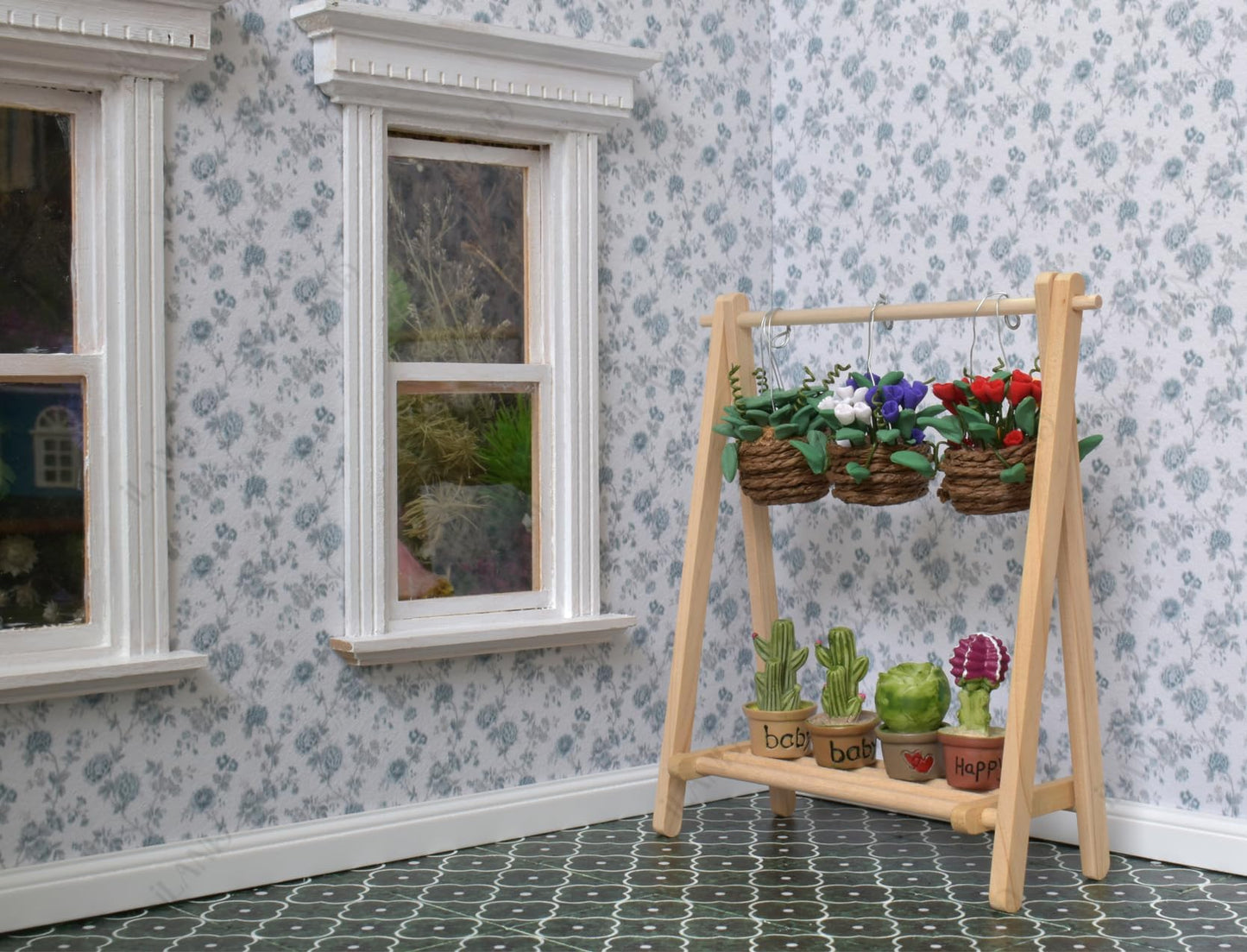 ILAND 1/12 Scale Accessories Dollhouse Miniature Rack w/ 6 Mini Hangers, Plant Hanger for Living Room, Bathroom, Bedroom (1 Foldable Rack w/ 6 Mini