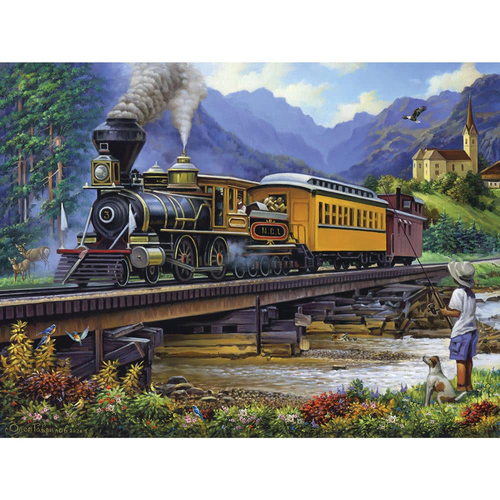 Bits and Pieces - 300 Piece Jigsaw Puzzle for Adults - Old Stream Train - Locamotive Track Rail Bridge Jigsaw Puzzle by Artist Oleg Gavrilov