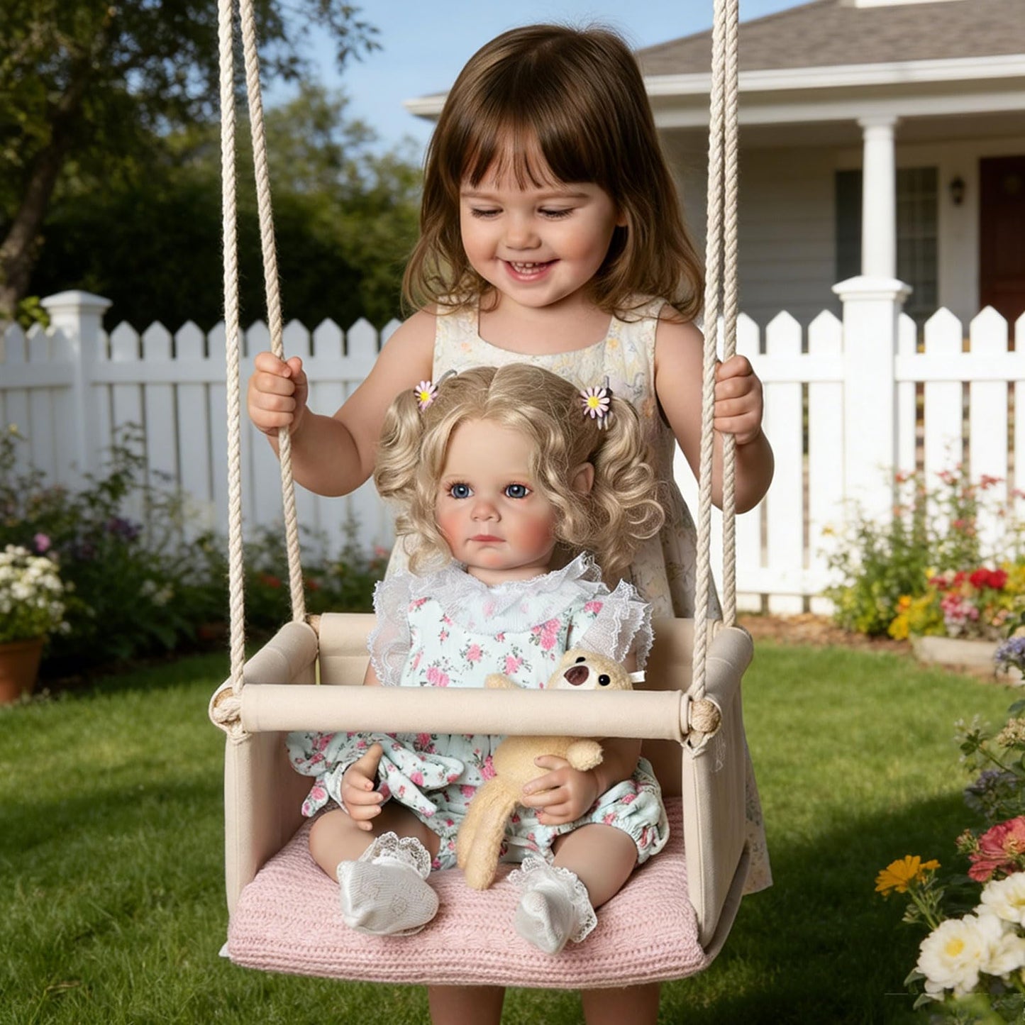 Tookyhill Lifelike Reborn Baby Doll - 22 Inch Realistic Blonde Toddler Doll with Curly Hair, Blue Eyes & Bear Toy Accessories, BPA-Free Posable Full