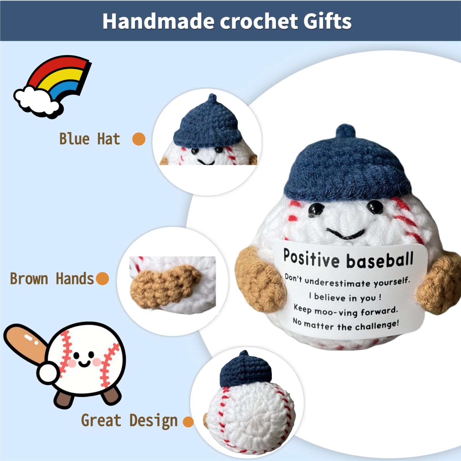 MaiTianna Emotional Support Crochet Baseball, Mini Funny Crochet Toy, Creative Cute Life Doll with Encouragement Card Emotional Support Gift