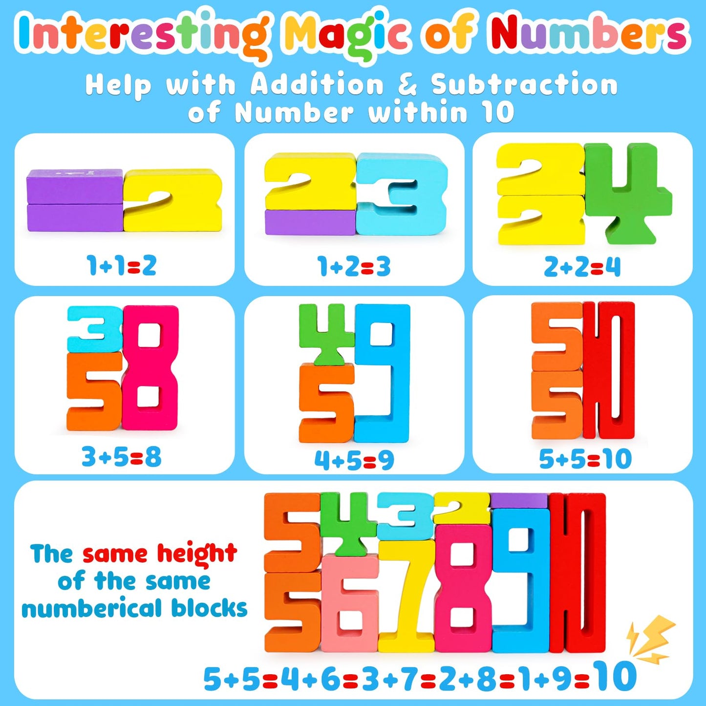 Montessori Wooden Number Building Blocks Toys for Toddlers Kids Stacking Number Blocks 1-10 Preschool Math Learning Educational Toys for 3 4 5 Year