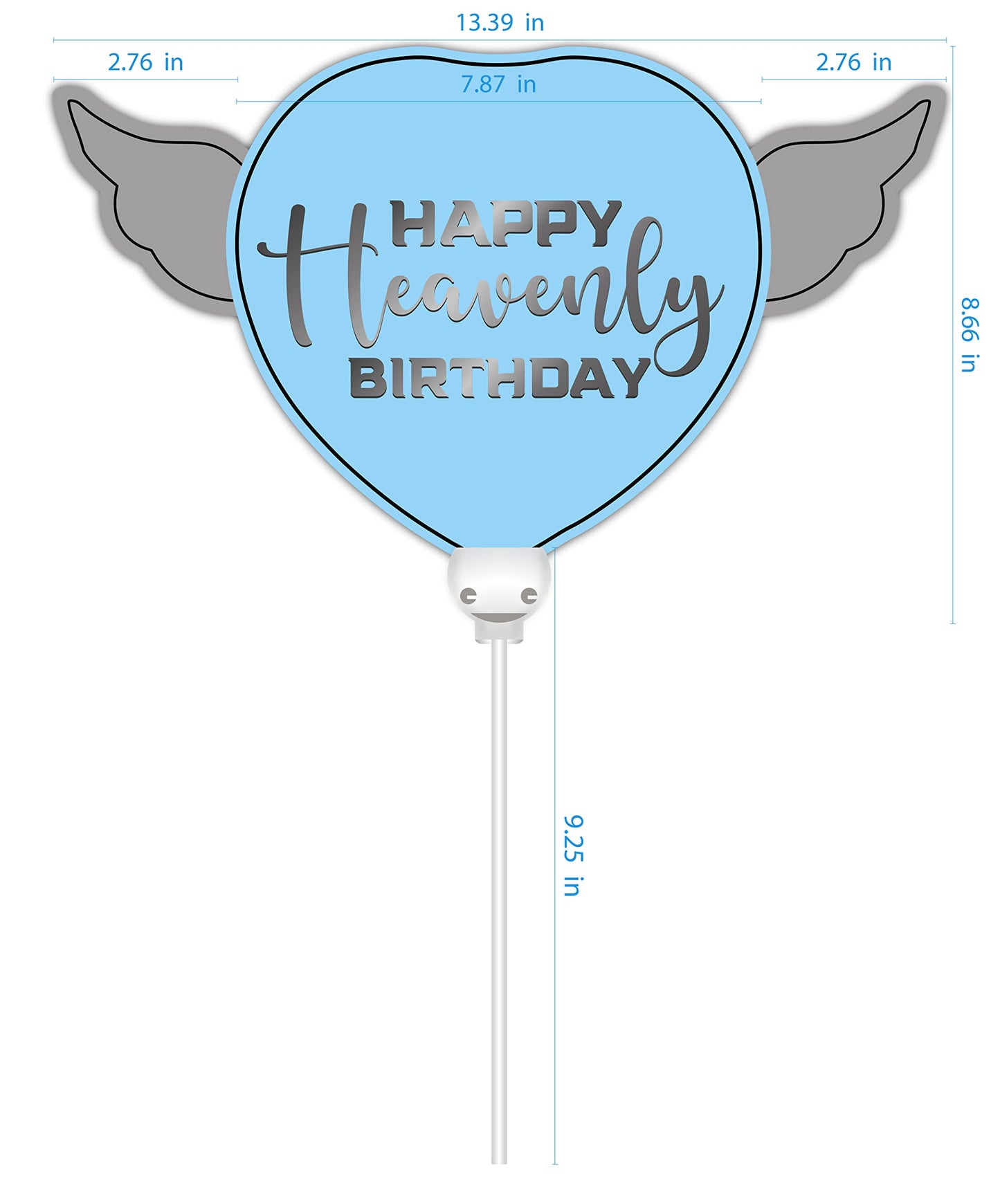 Blue Happy Heavenly Birthday Heart Balloon on a Stick with Angel Wings - Memorial & Remembrance