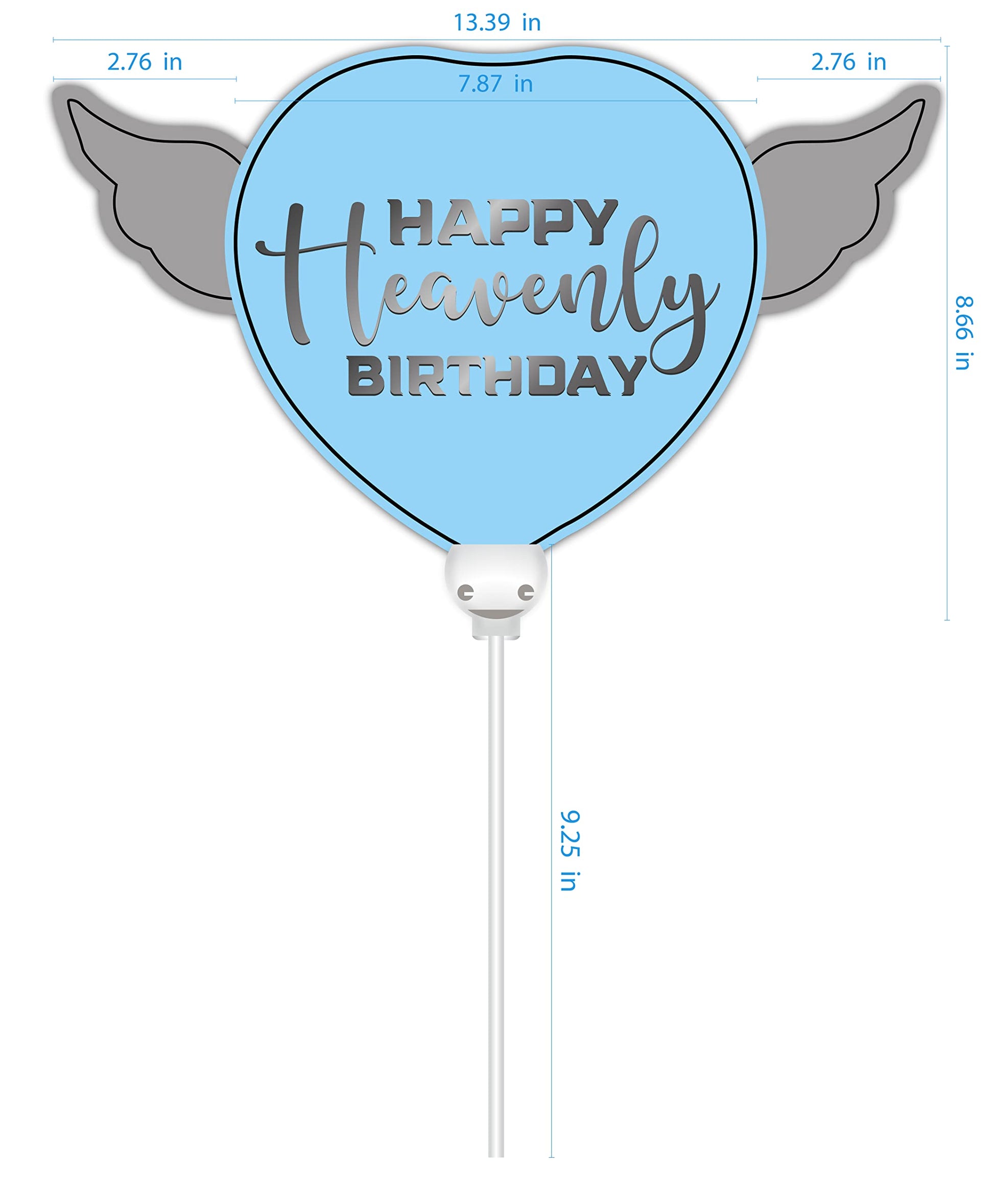 Blue Happy Heavenly Birthday Heart Balloon on a Stick with Angel Wings - Memorial & Remembrance