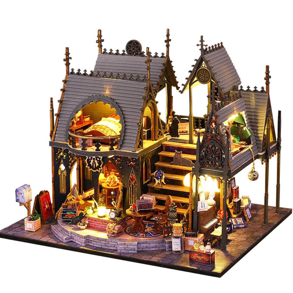 Yuzhen DIY Miniature Dollhouse with Furniture and LED Lights, Wooden Dollhouse Includes Dustcover and Music Movement