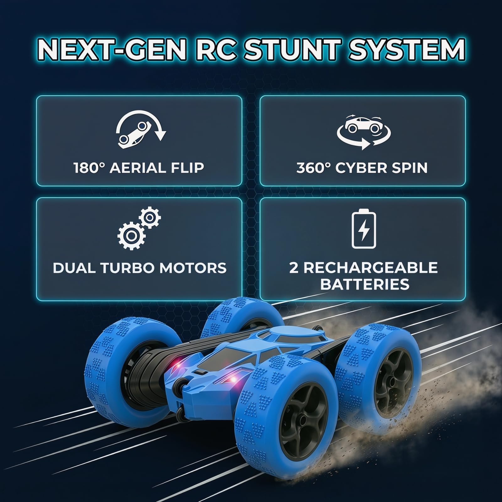 BSHSM RC Car 2.4GHz 360° Spin Off-Road Stunt Vehicle with 2 Rechargeable Batteries + USB Charging Cable, Full Terrain Remote Control Truck for Kids