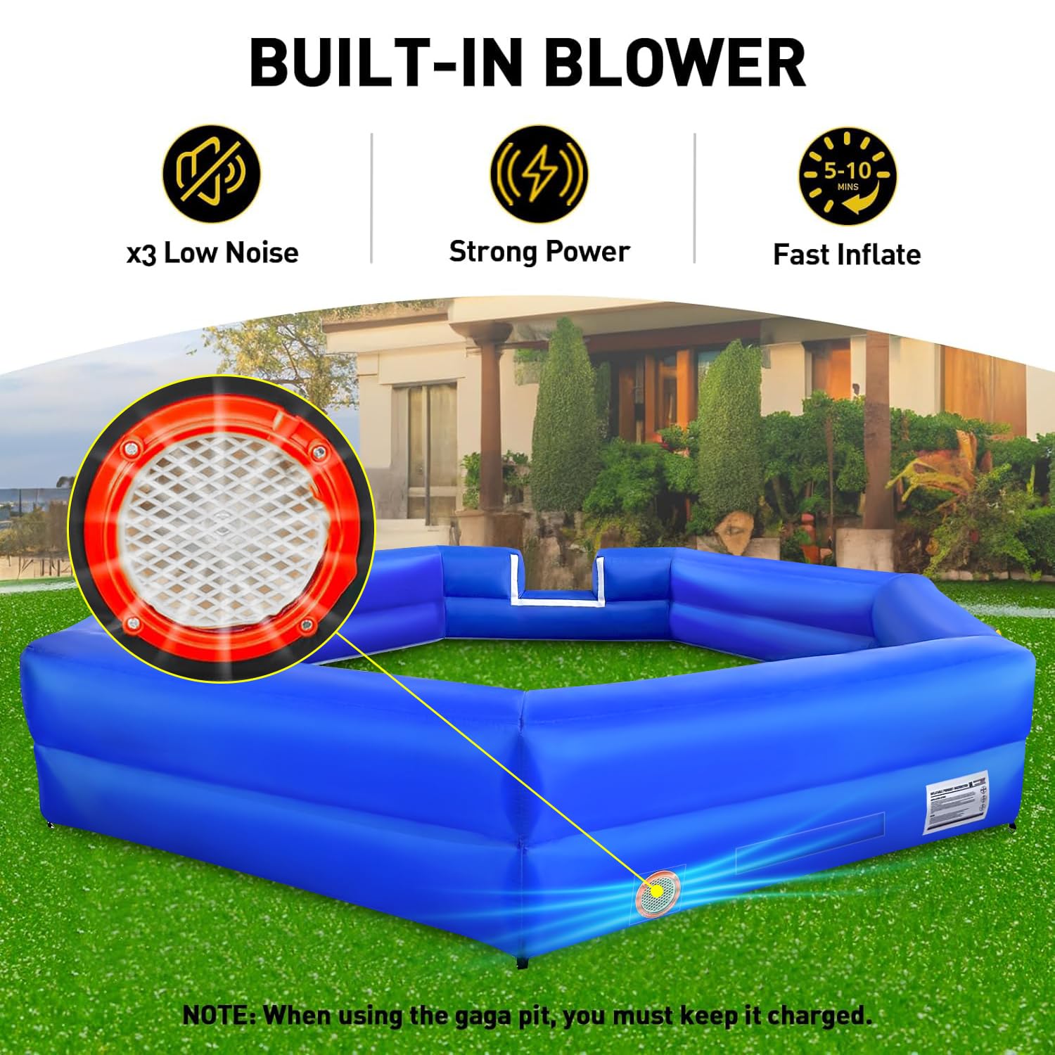 WARSUN 15FT Gaga Ball Pit Inflatable with Powerful Blower, Portable Gagaball Court for Indoor Outdoor Family Activities Inflatable Sport Games (Blue)