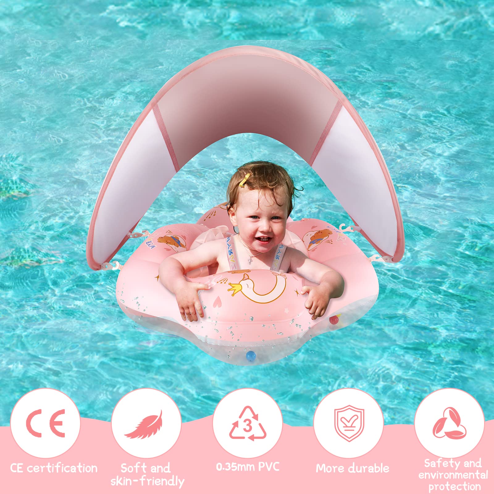 WYRIAZA Baby Pool Float with Canopy Baby Swimming Spring Float Infant Newborn Toddler Inflatable Float with UPF50+ Sun Protection Canopy Swim Water