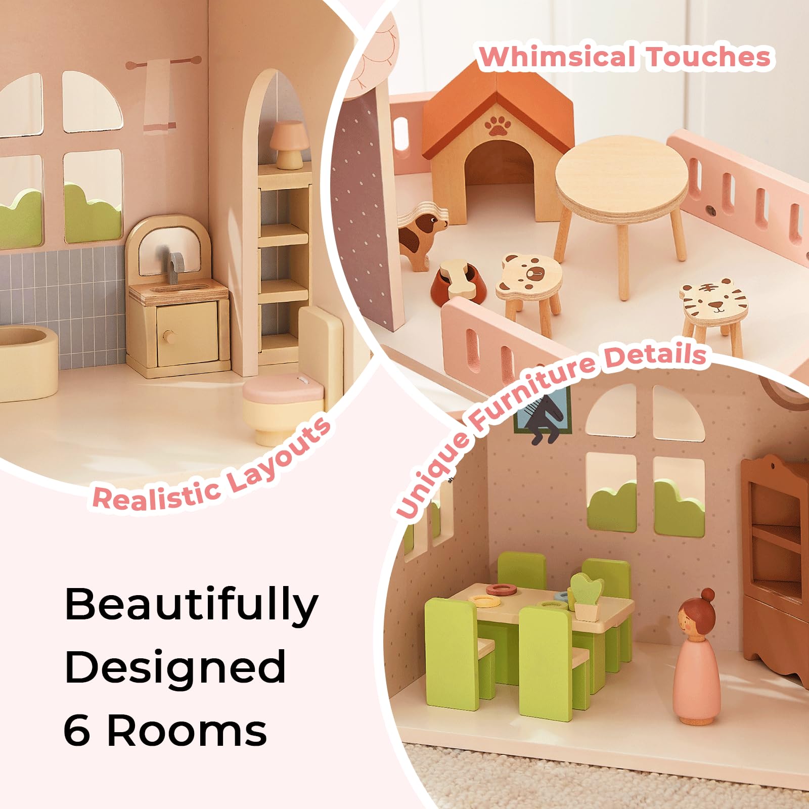 OOOK Wooden Dollhouse with 60 Pcs Luxurious Furniture Accessories, Including 4 Dolls and 2 Pets, Large 3-Story Doll House with 6 Rooms, Doll House