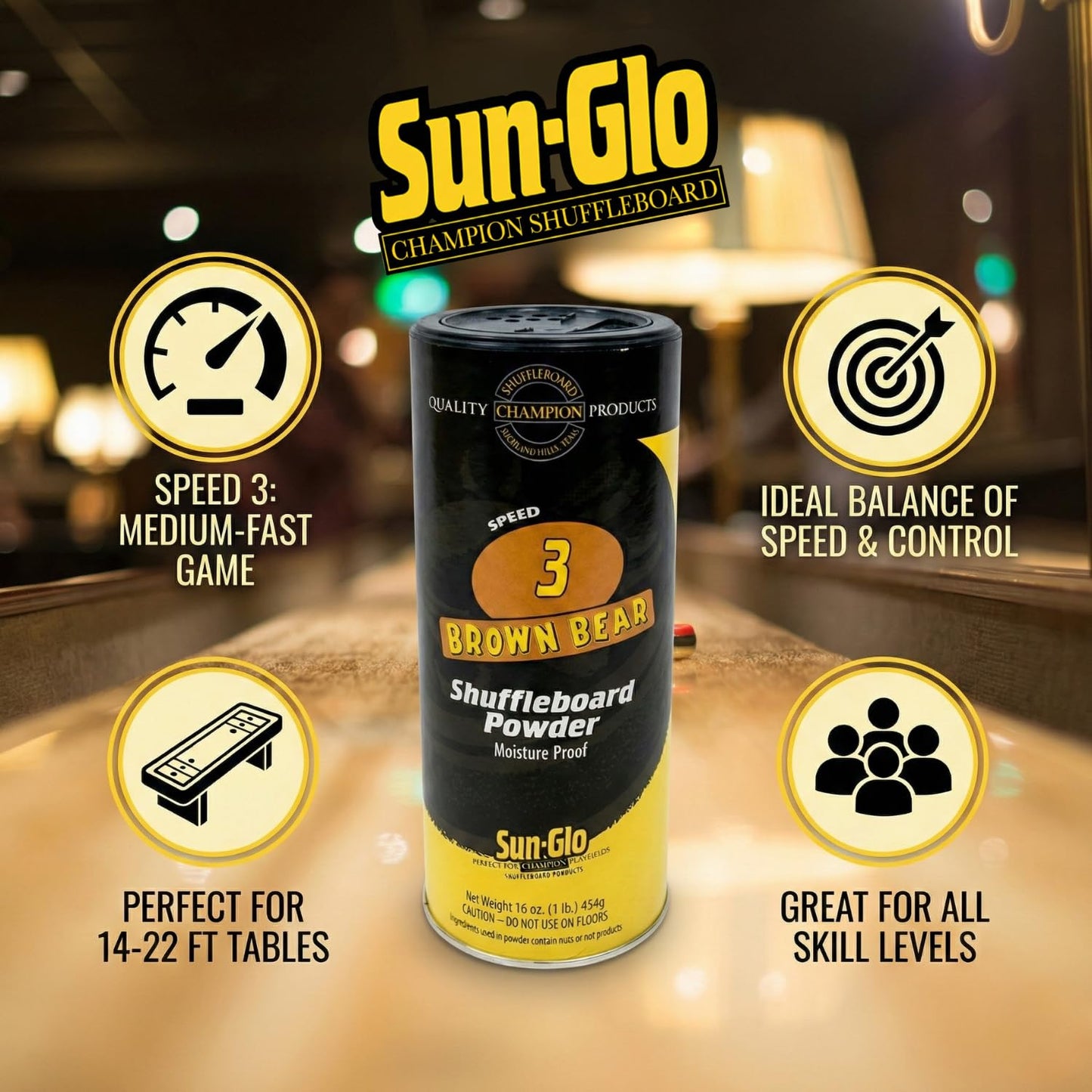 Sun-Glo Speed #3 (Brown Bear) Shuffleboard Powder Wax - Medium-Fast Speed for Optimal Control & Precision - 16 oz Shaker Can (Pack of 3)